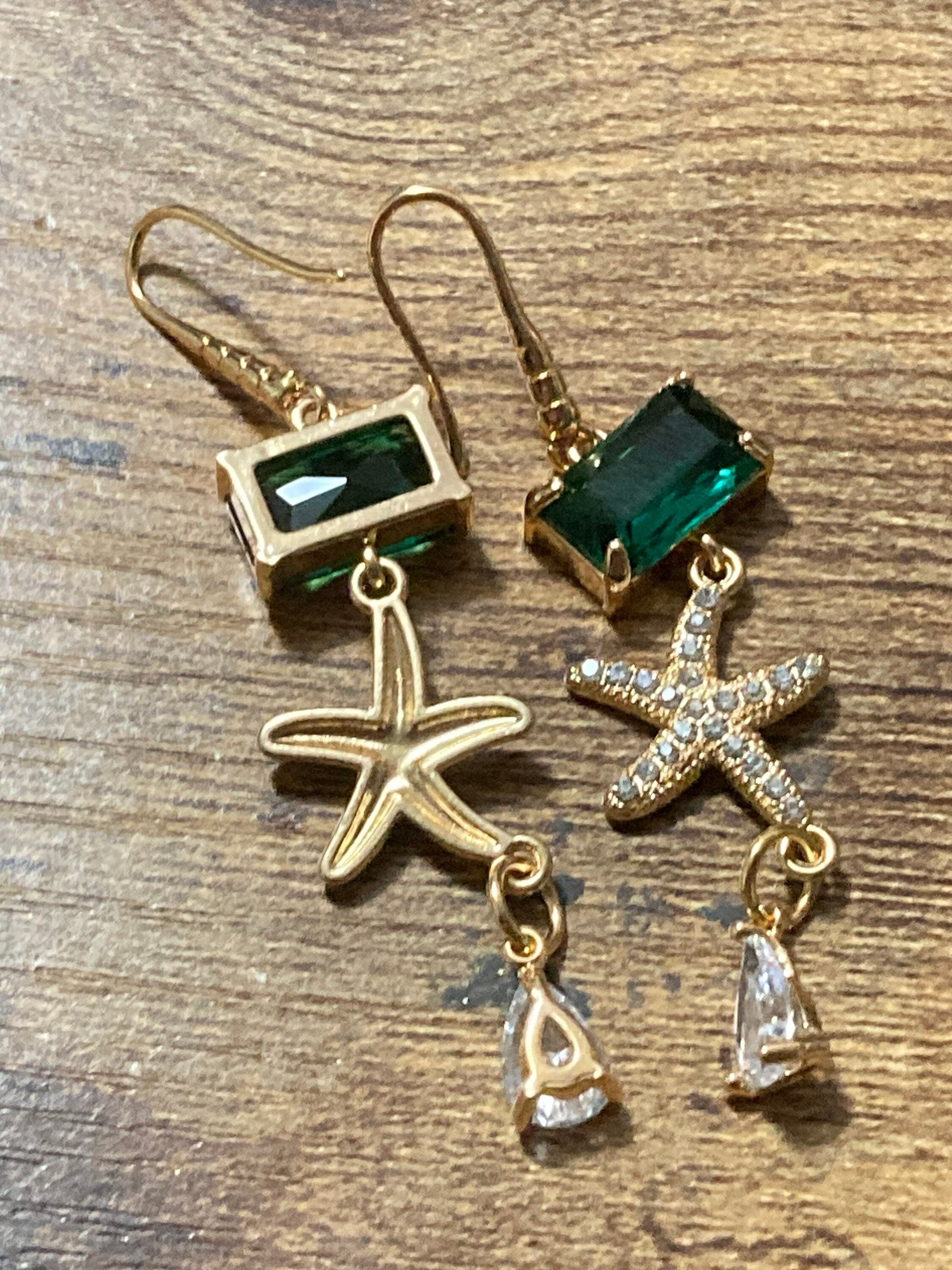 18k gold plated emerald green & clear Crystal diamanté starfish earrings