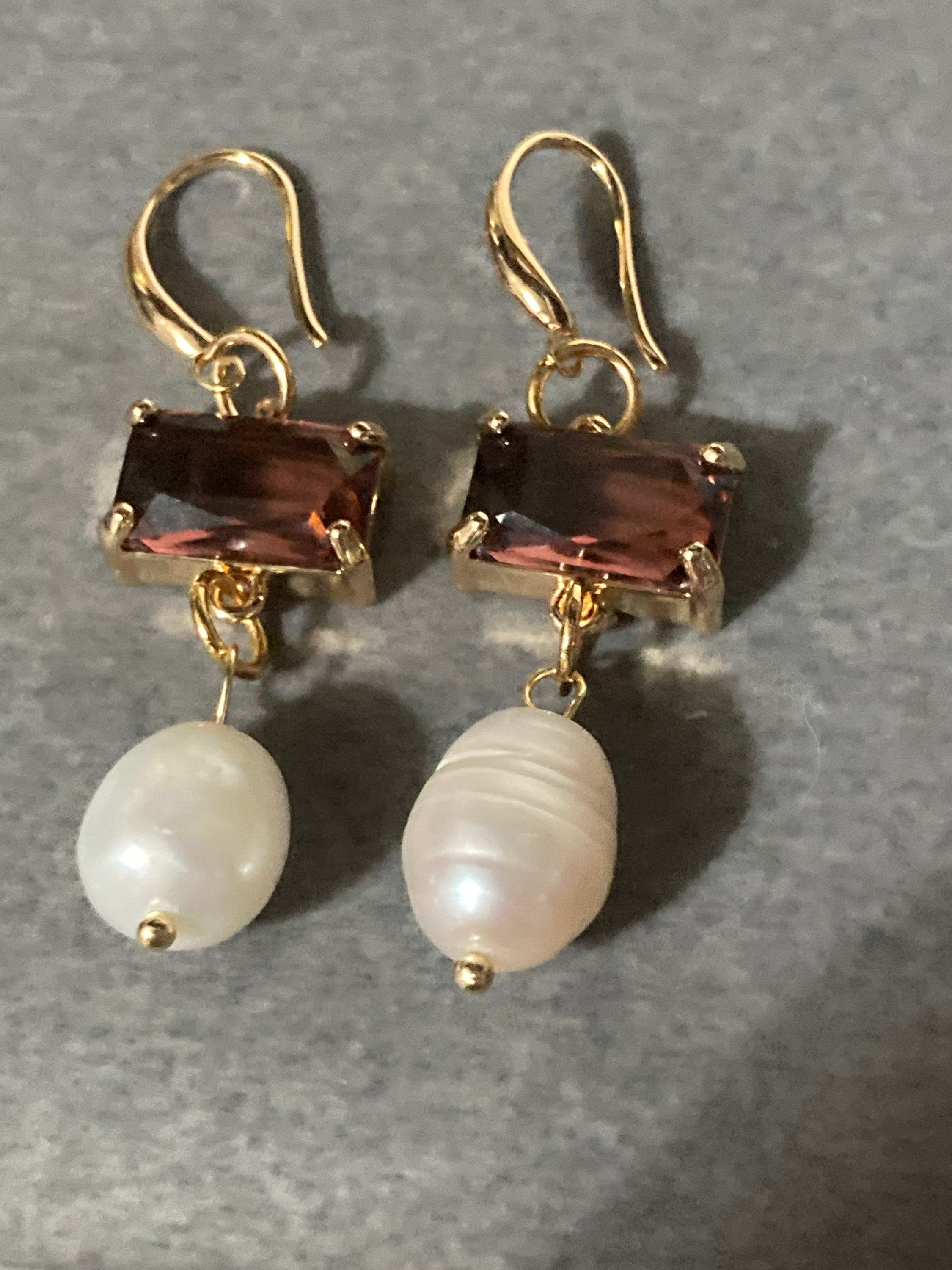 18k gold plated amethyst purple Crystal diamanté faux pearl teardrop earrings