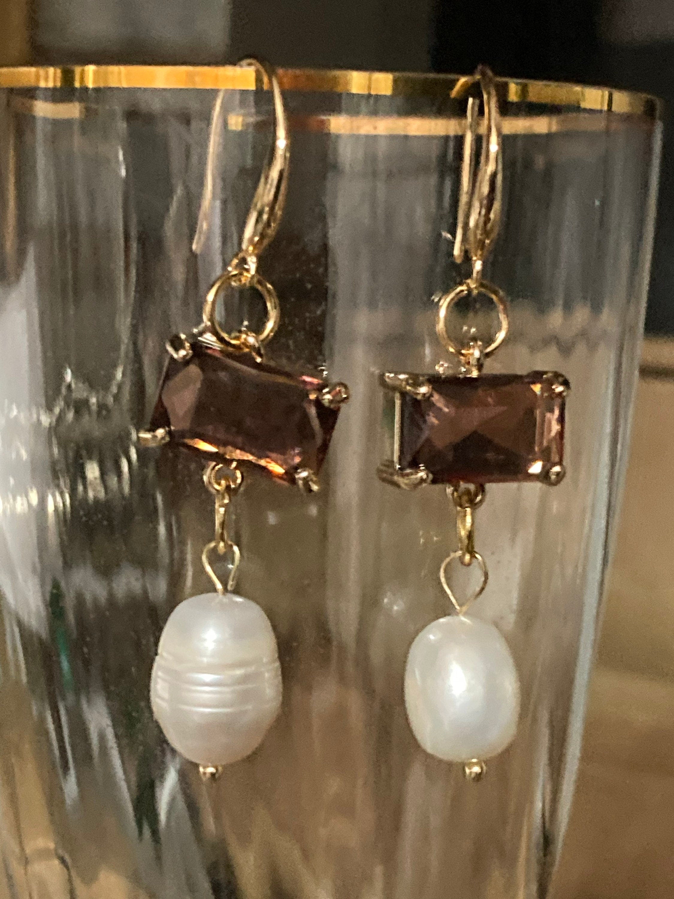 18k gold plated amethyst purple Crystal diamanté faux pearl teardrop earrings