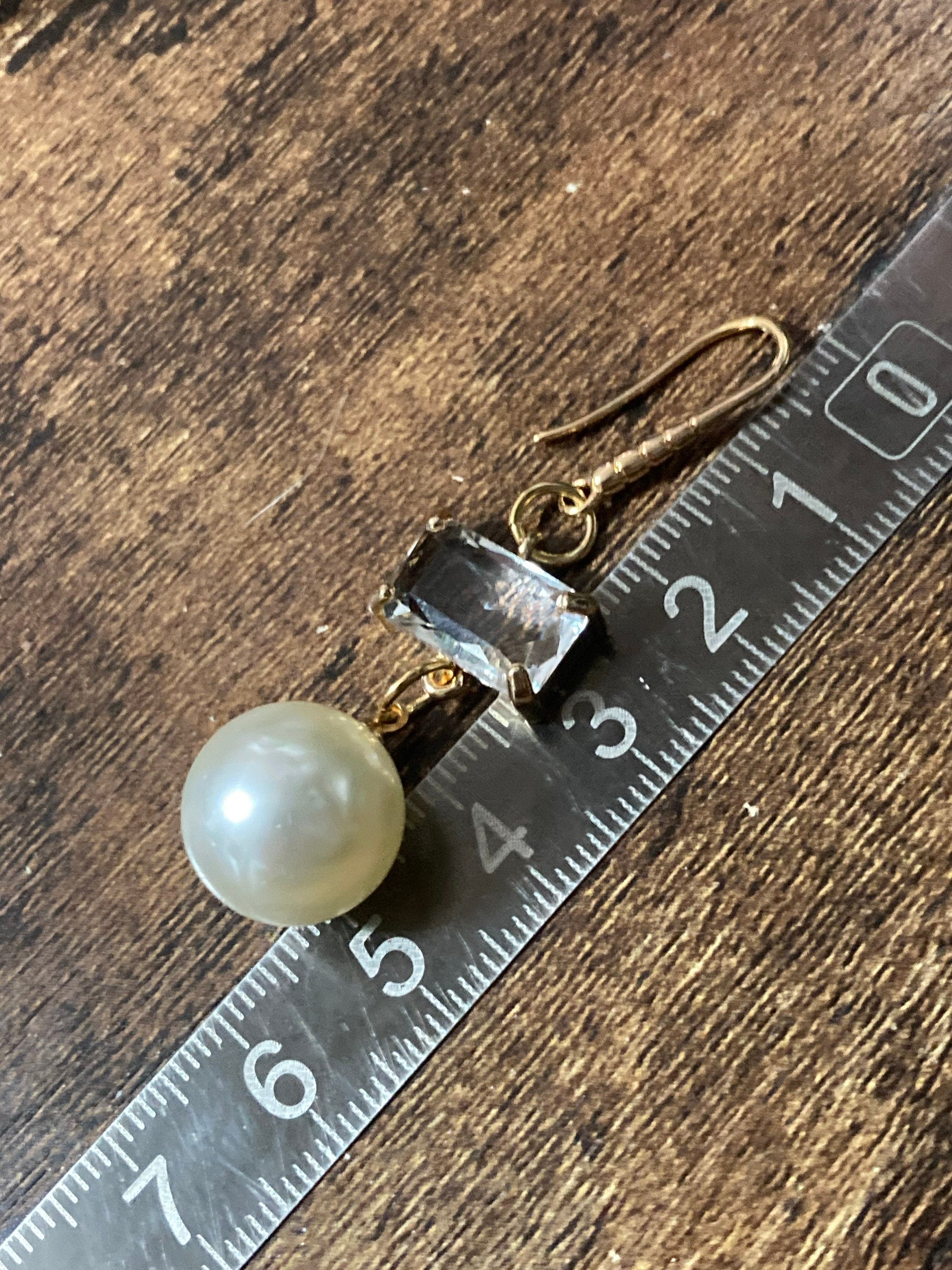 18k gold plated clear rectangular glass Crystal diamanté faux pearl drop earrings