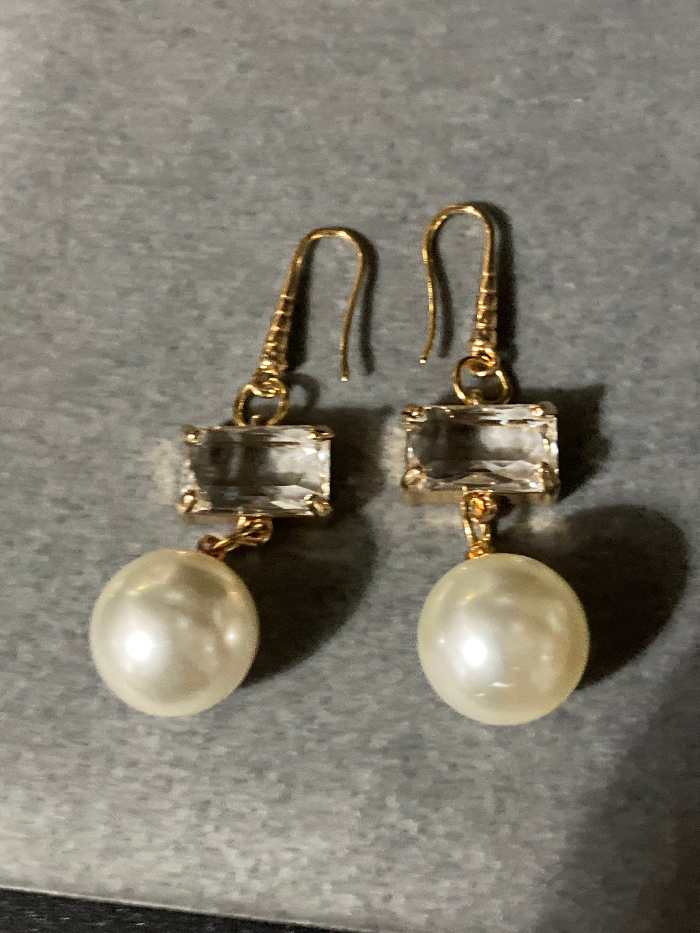 18k gold plated clear rectangular glass Crystal diamanté faux pearl drop earrings