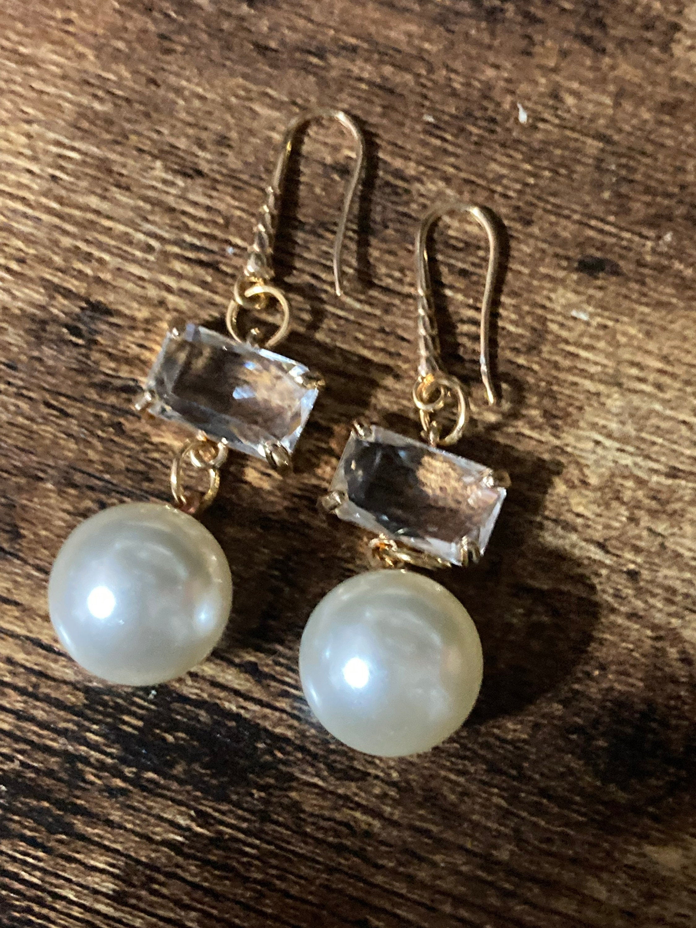 18k gold plated clear rectangular glass Crystal diamanté faux pearl drop earrings