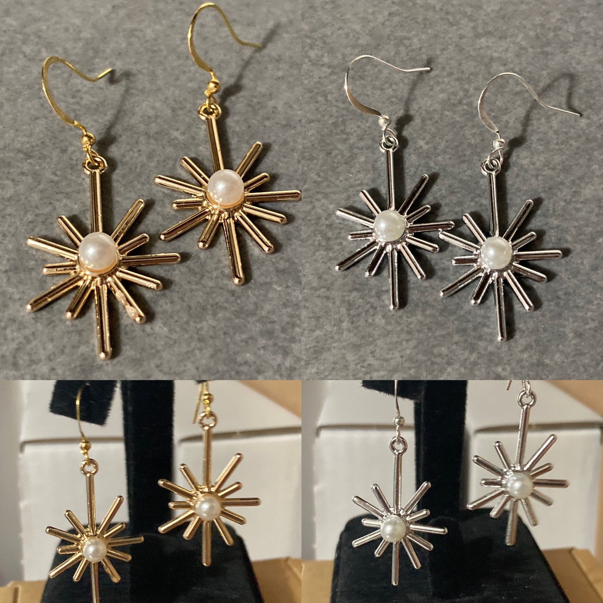 Modernist star earrings gold tone & faux pearl dangly drop