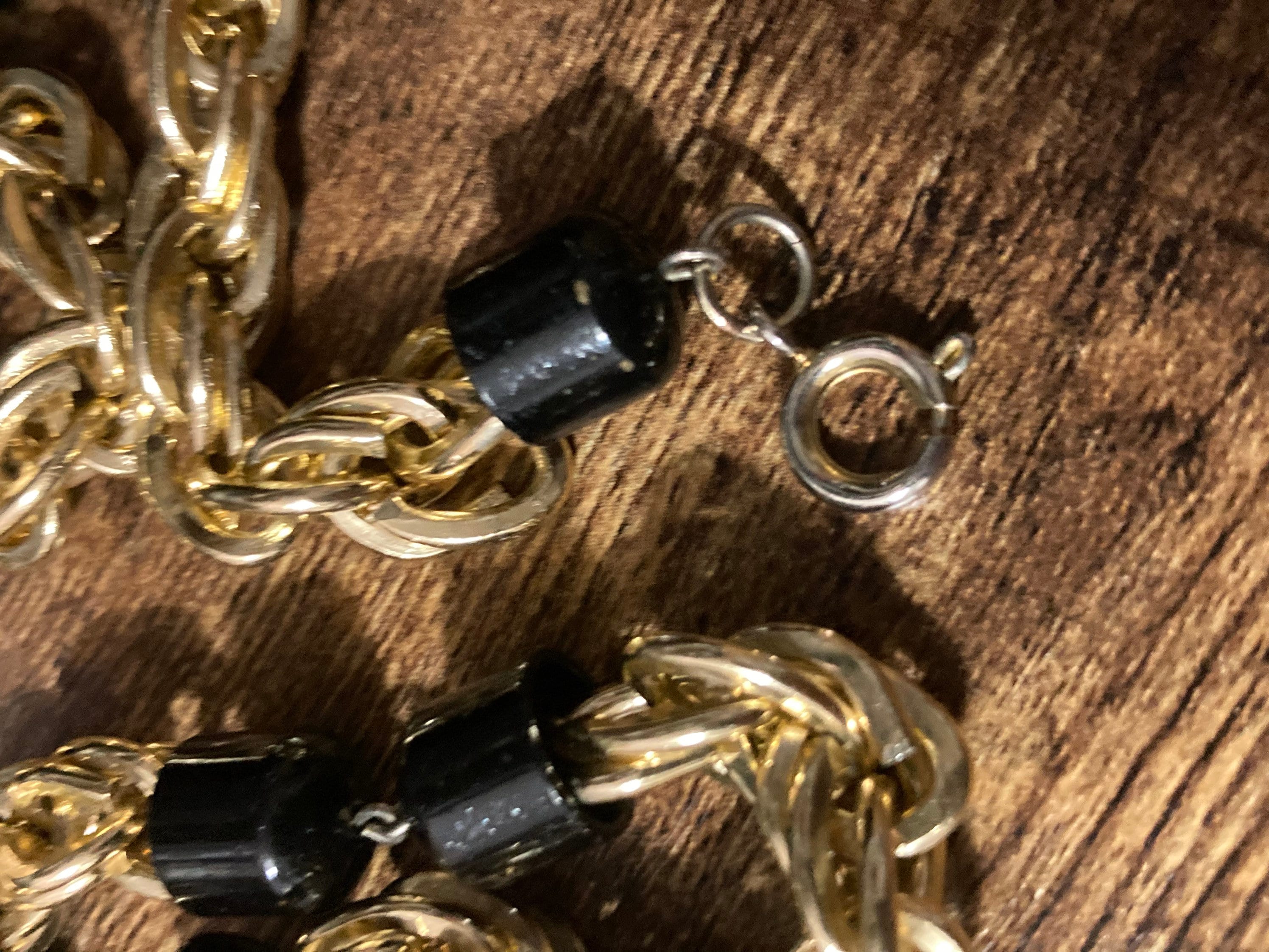 Vintage black glass beaded gold tone station link chunky rope chain necklace