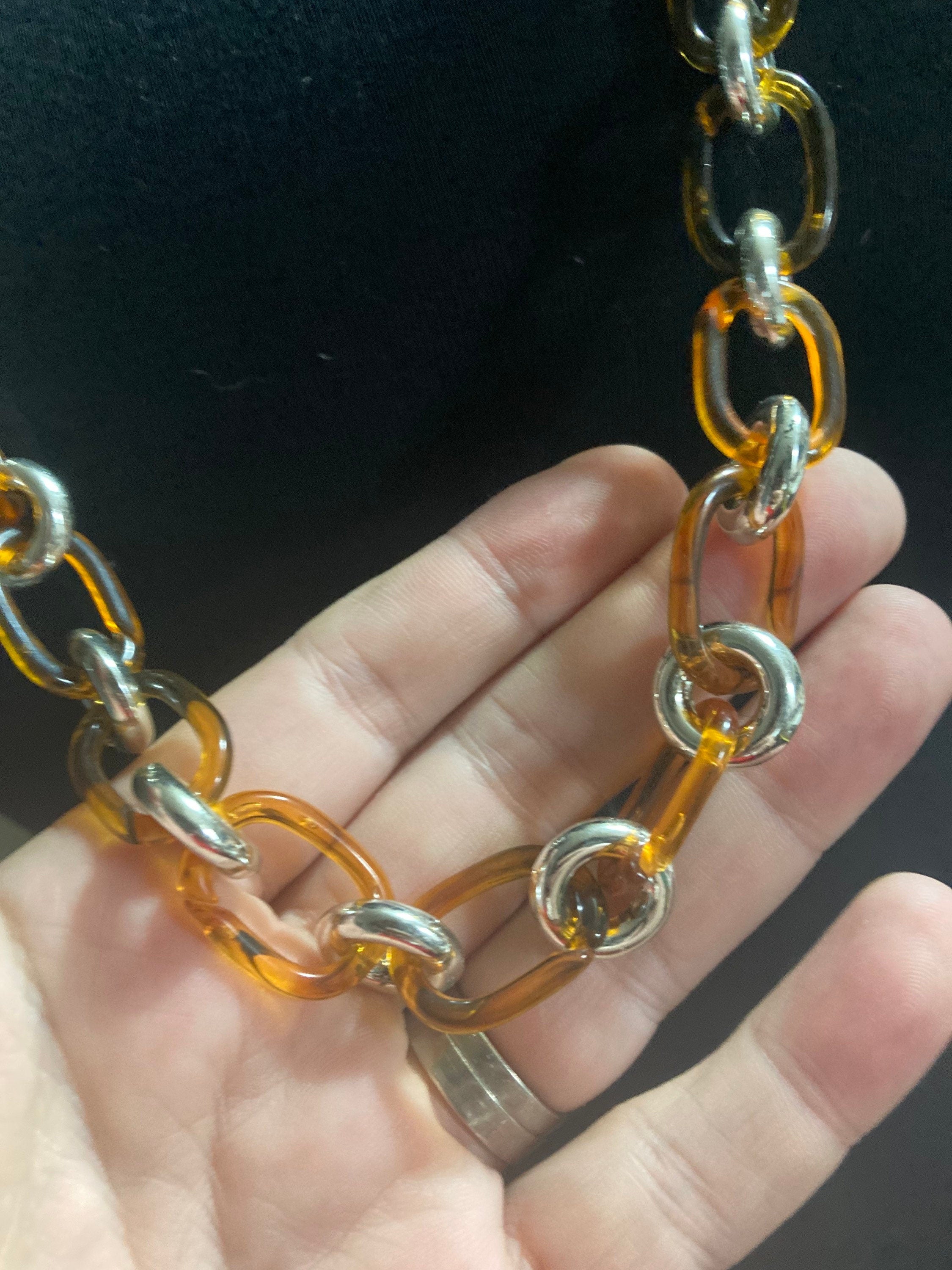 chunky faux tortoiseshell silver loops plastic chain link necklace