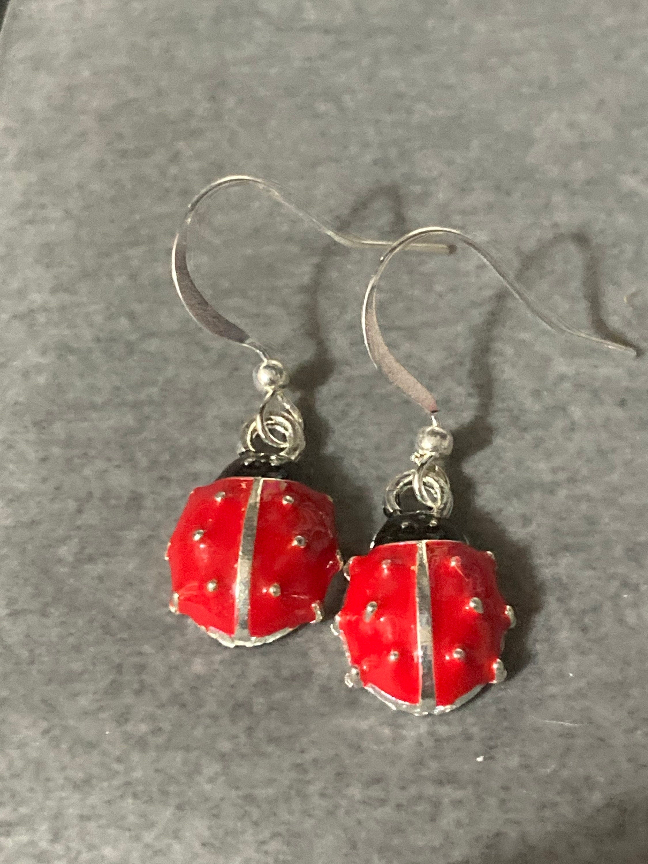Silver tone black and red enamel ladybird drop earrings for girls