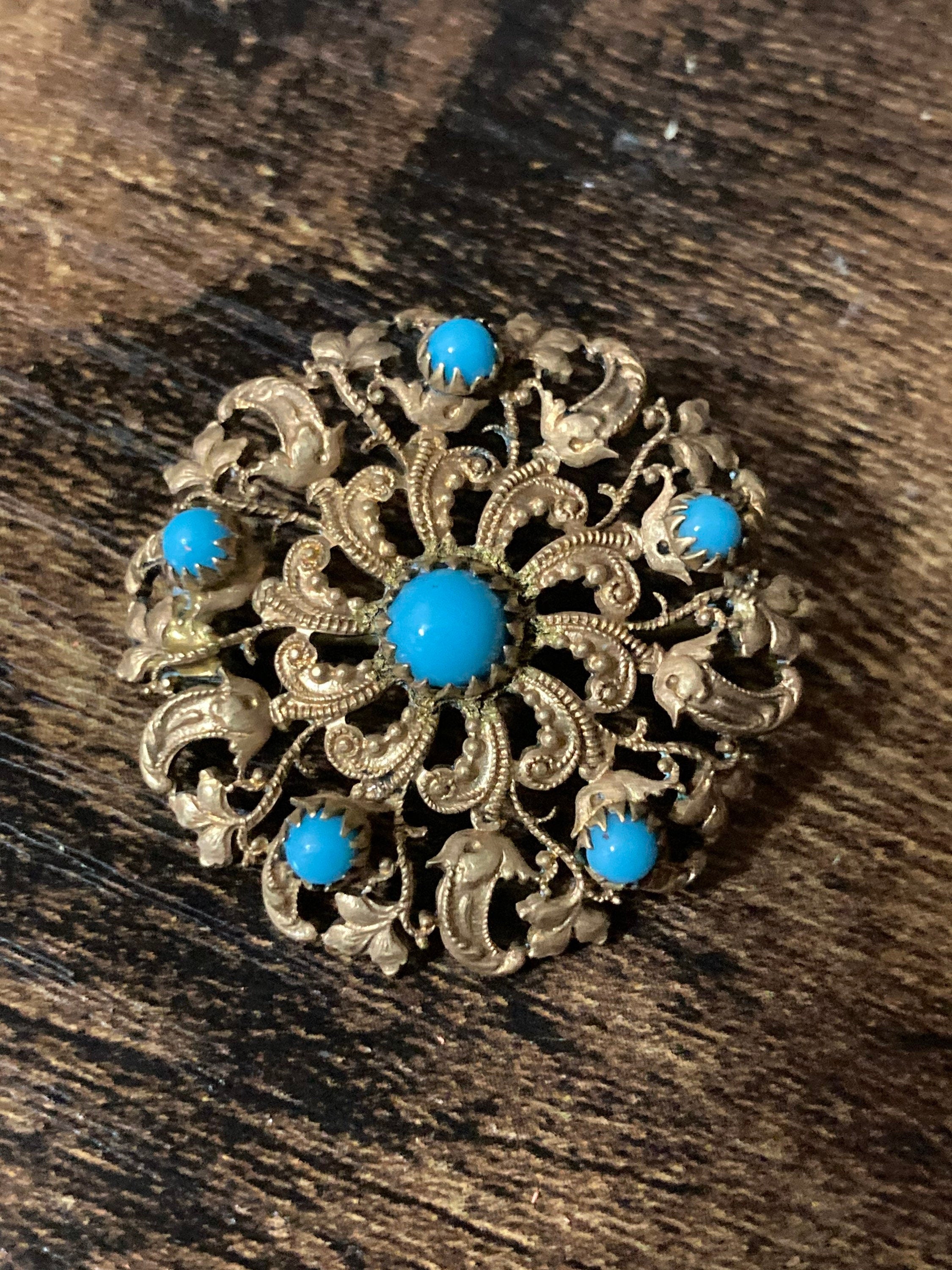 Art Deco small Czech brass filigree brooch turquoise blue Gold 1940s