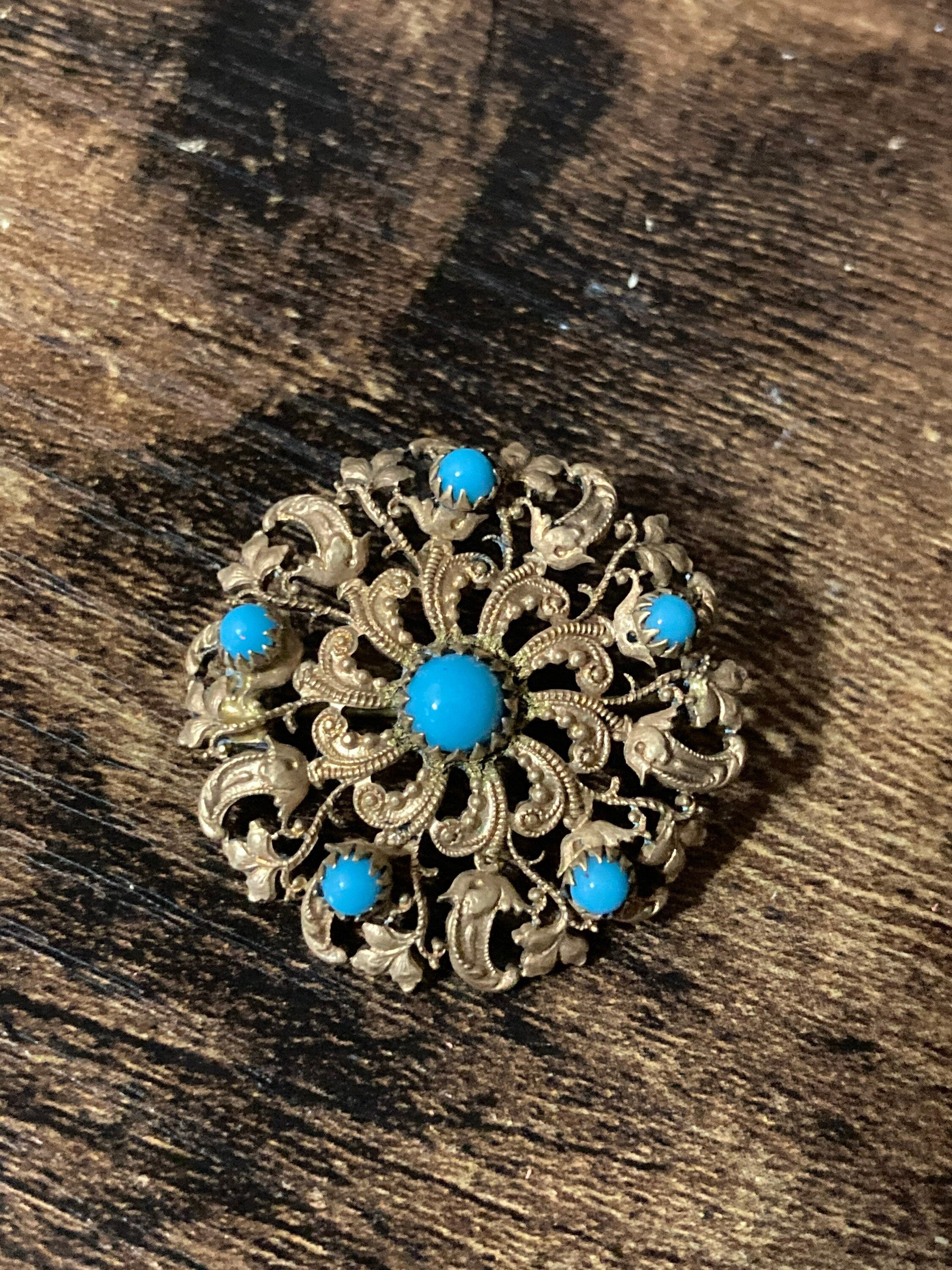 Art Deco small Czech brass filigree brooch turquoise blue Gold 1940s