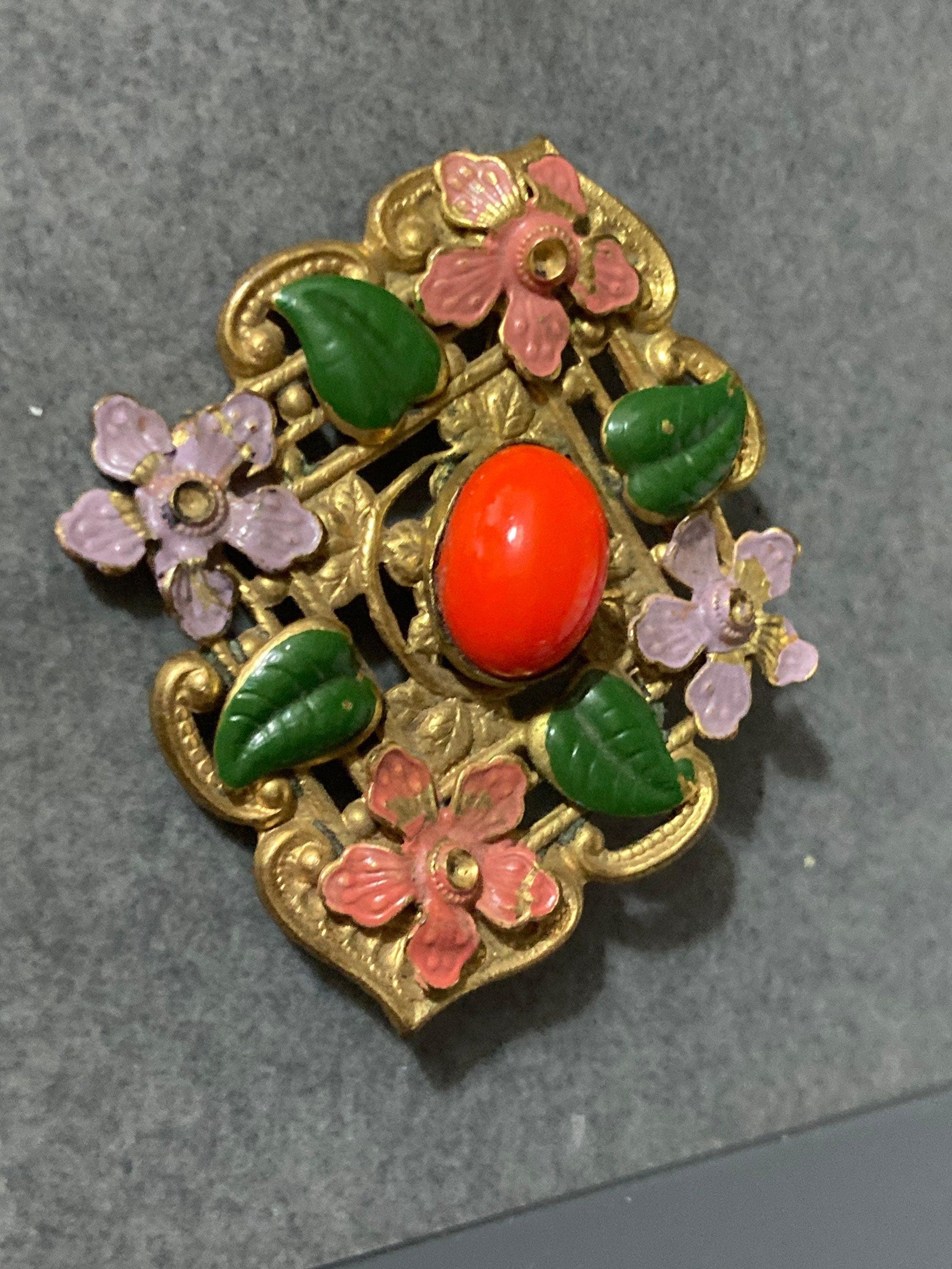 Art Deco Czech brass metal leaf cold painted enamel brooch with faux orange coral glass cabochon