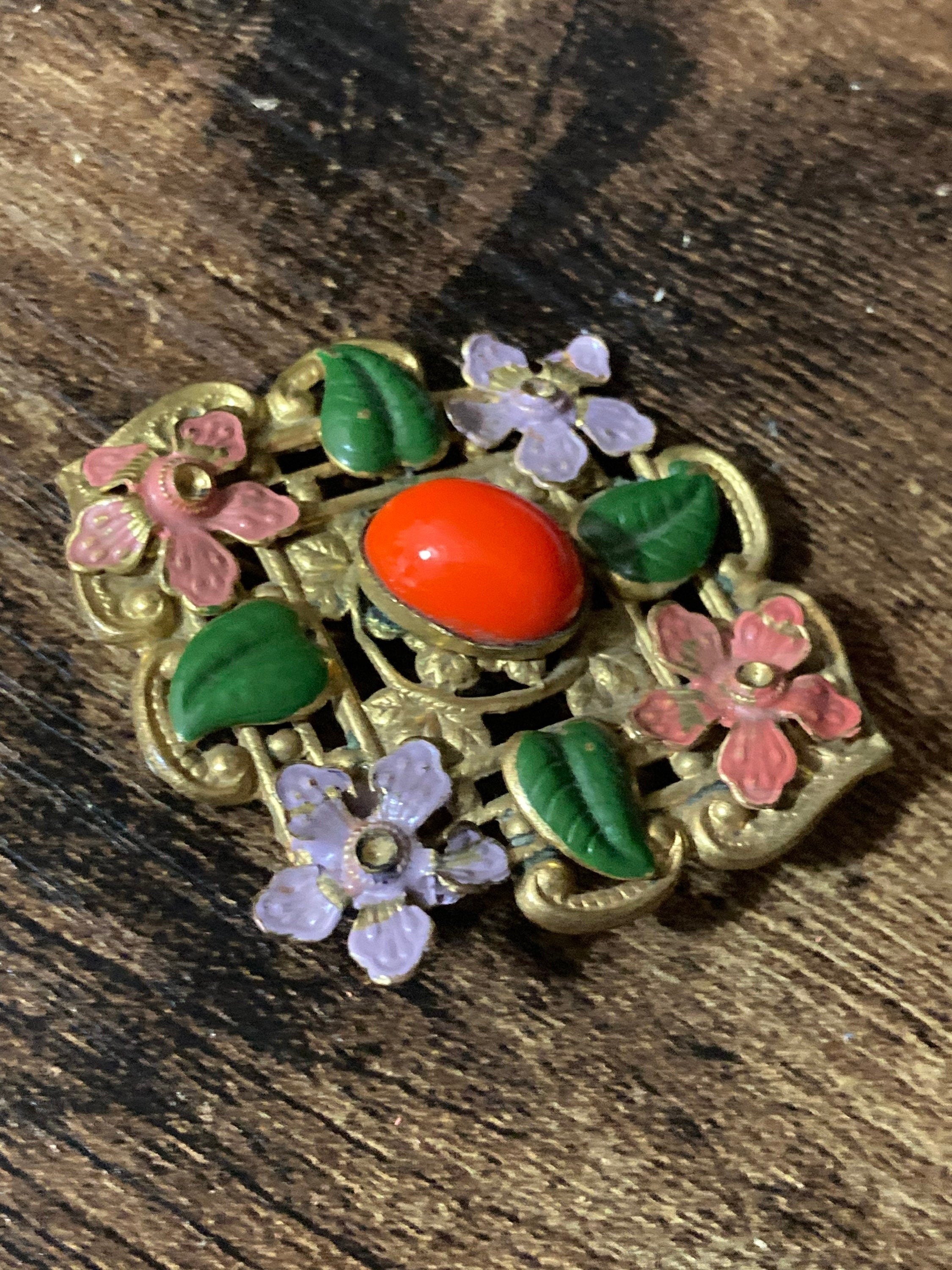 Art Deco Czech brass metal leaf cold painted enamel brooch with faux orange coral glass cabochon
