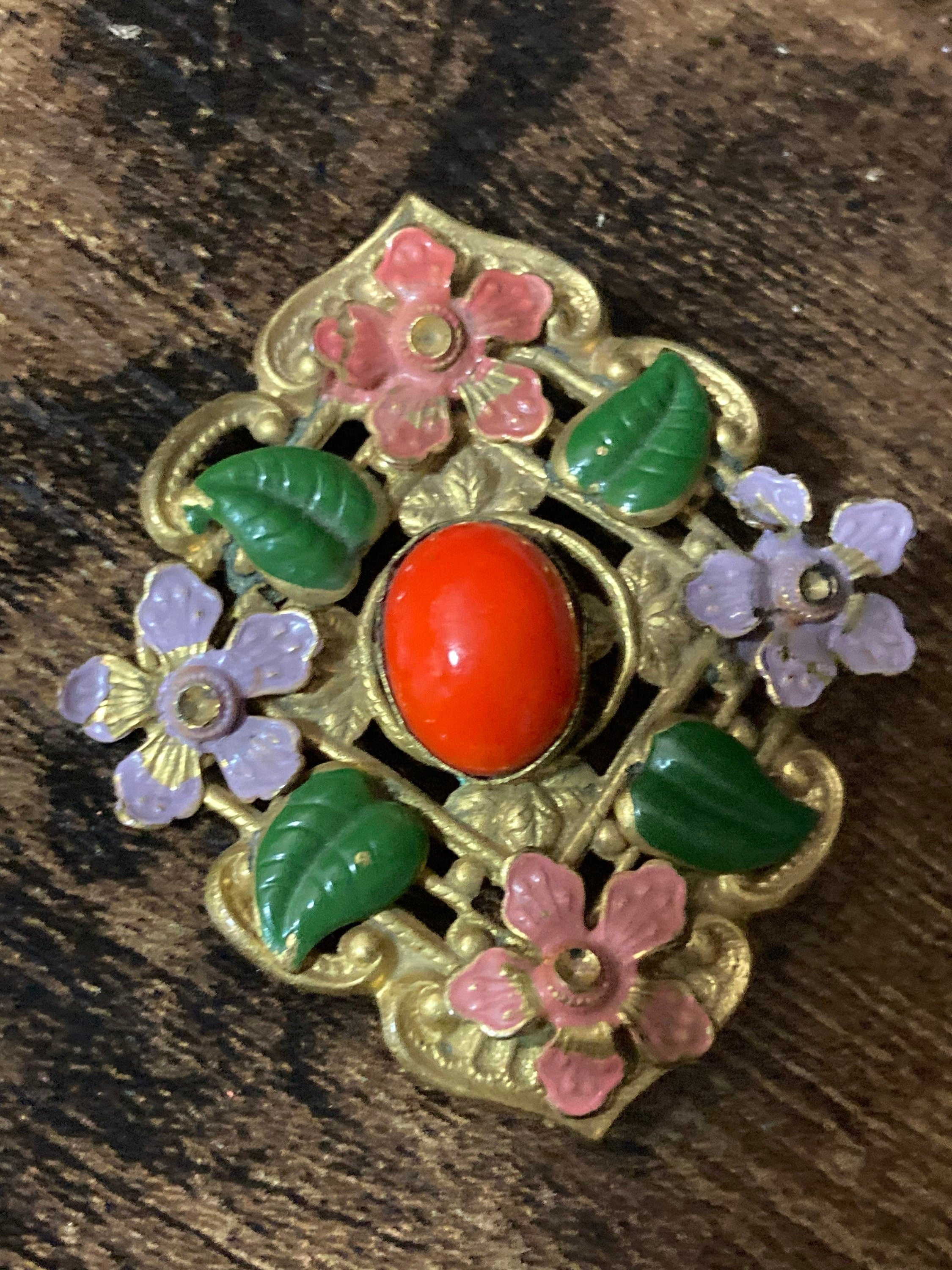 Art Deco Czech brass metal leaf cold painted enamel brooch with faux orange coral glass cabochon
