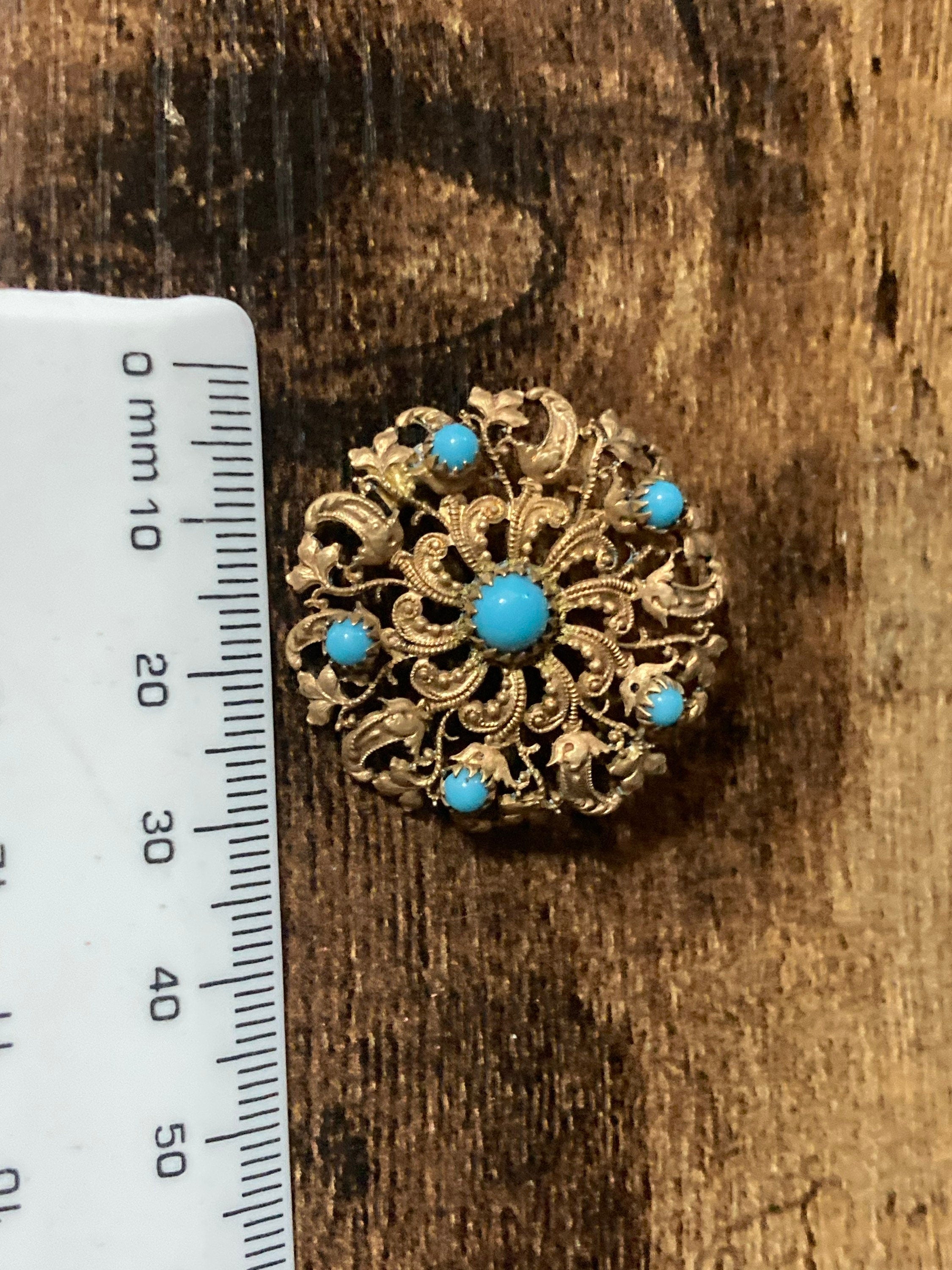 Art Deco small Czech brass filigree brooch turquoise blue Gold 1940s