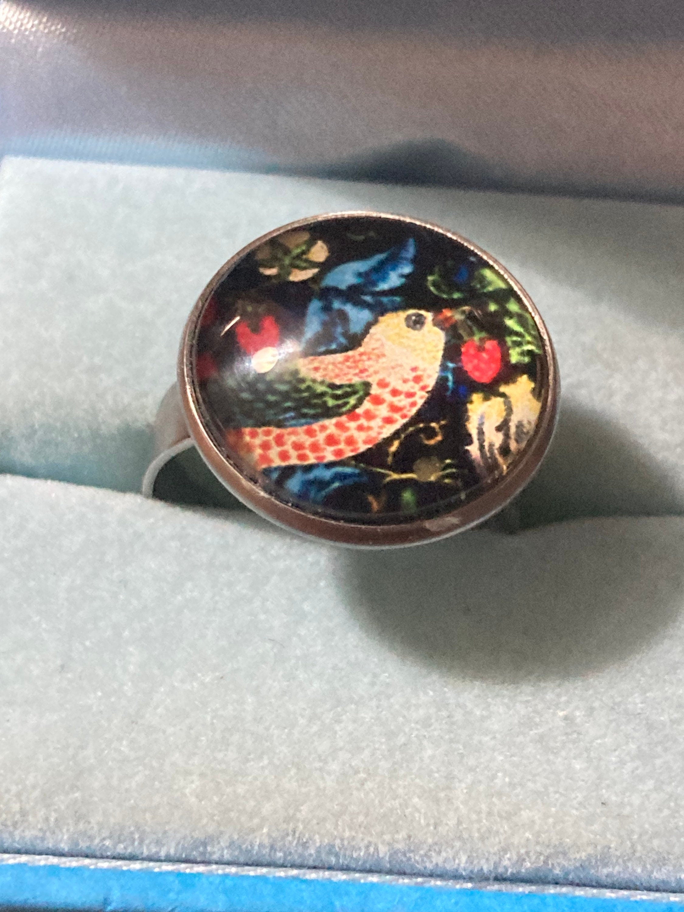 Strawberry thief print ring stainless steel glass cabochon adjustable