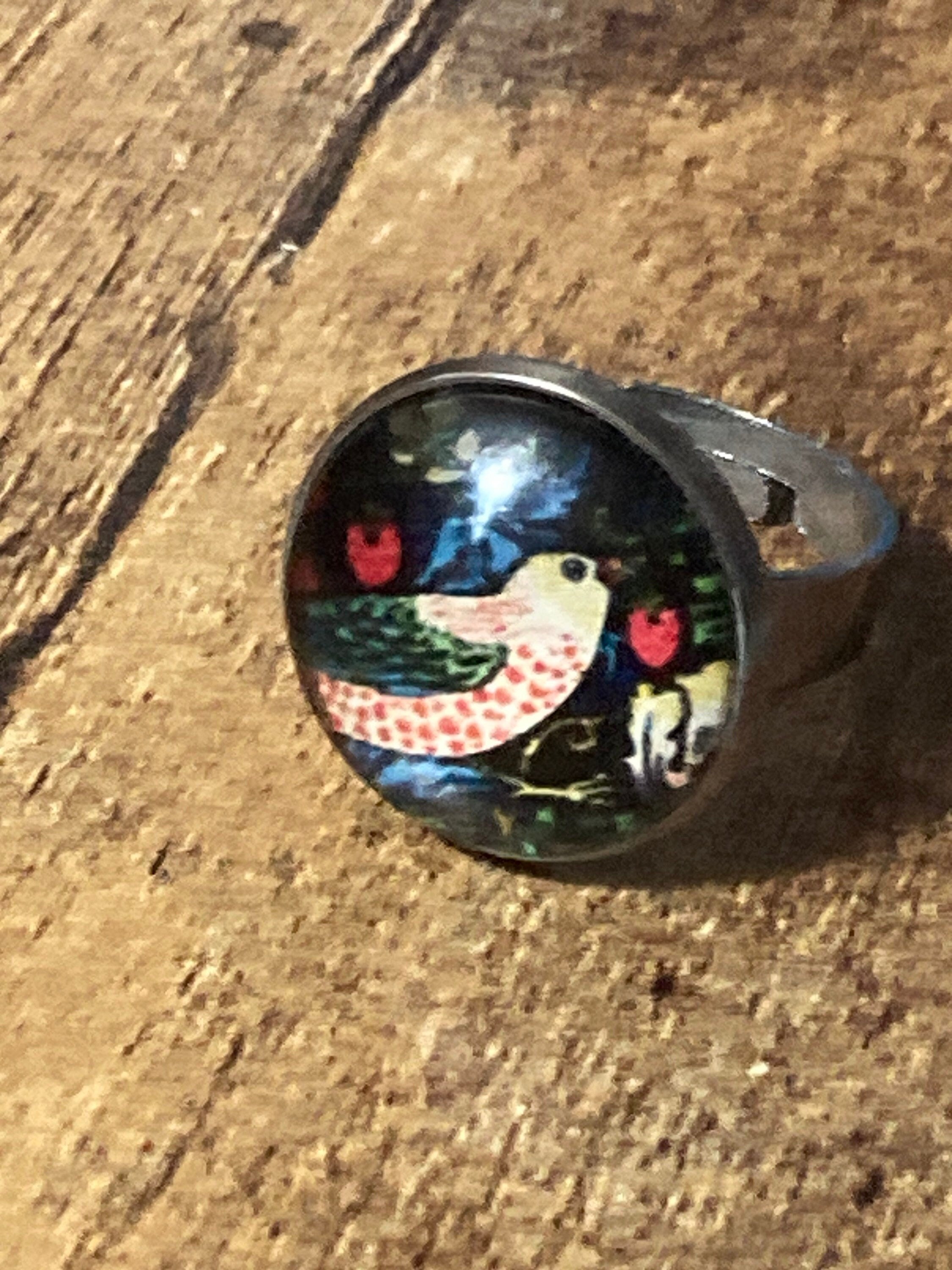 Strawberry thief print ring stainless steel glass cabochon adjustable