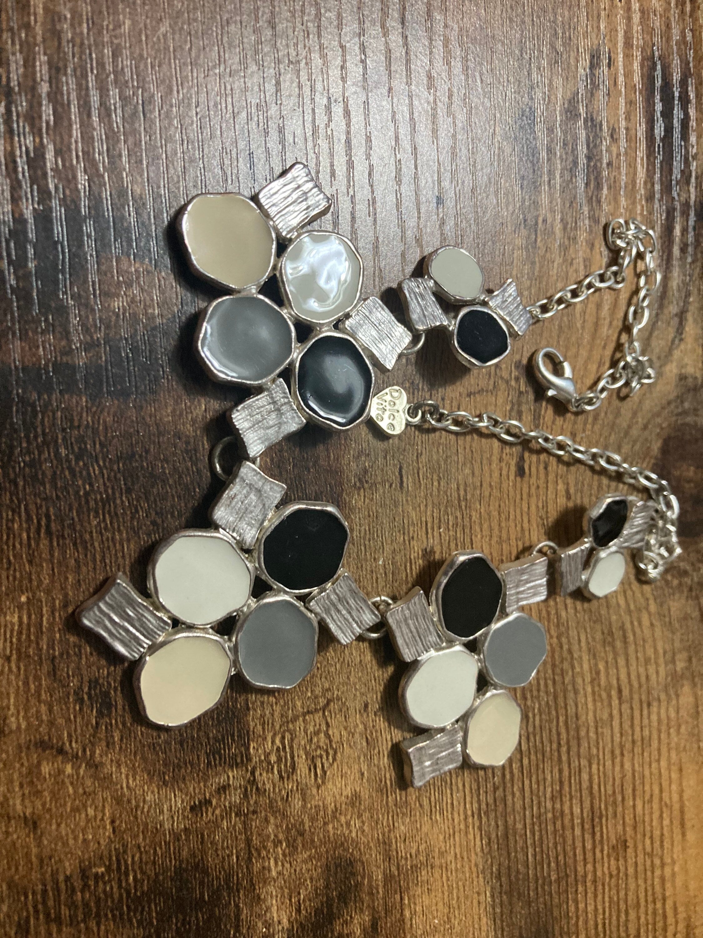 Vintage Signed Dolce Vita silver tone grey panel link bib necklace Paris France Designer