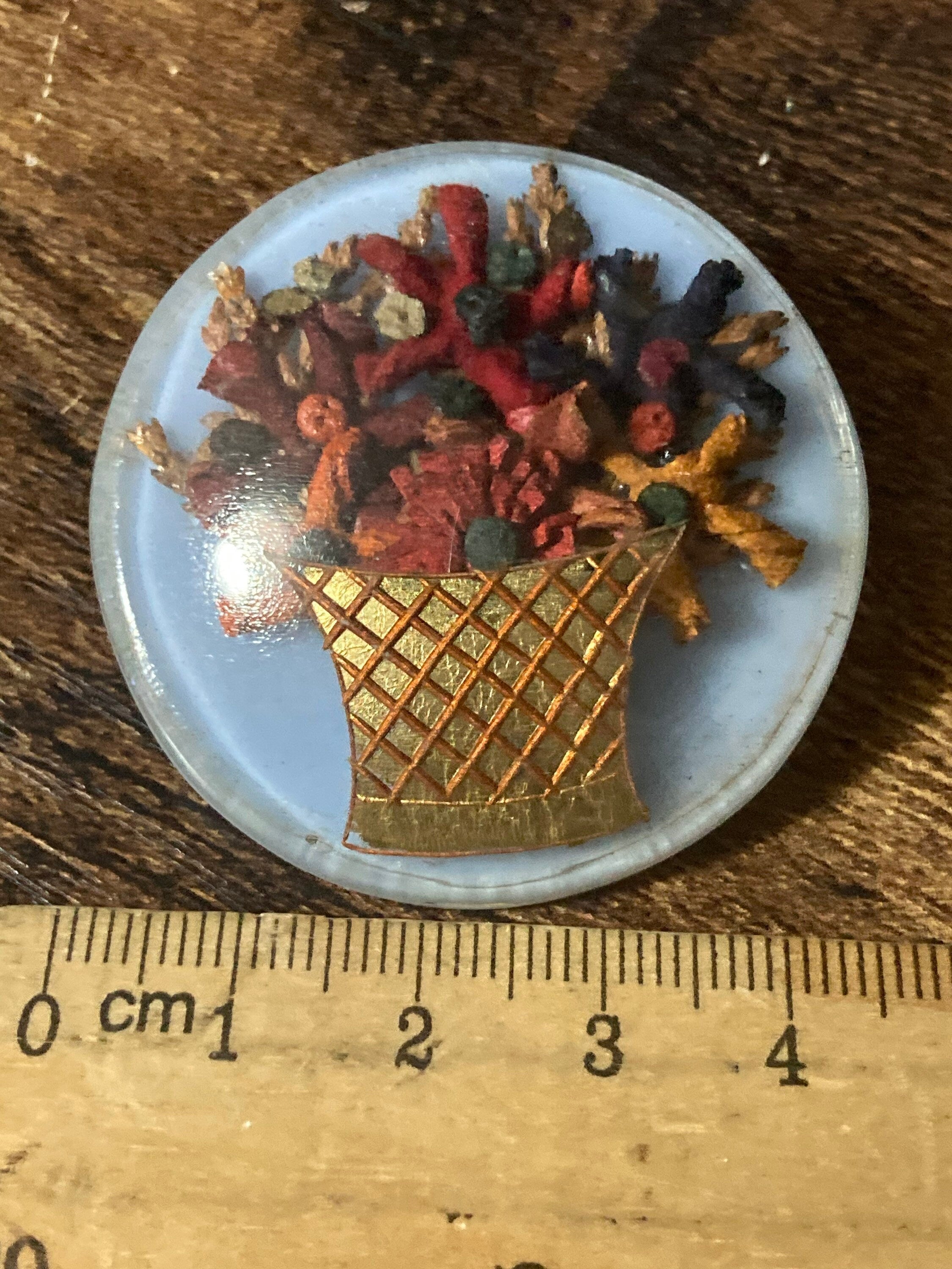 Vintage blue early plastic celluloid domed dried pressed flowers floral bouquet brooch 1930s