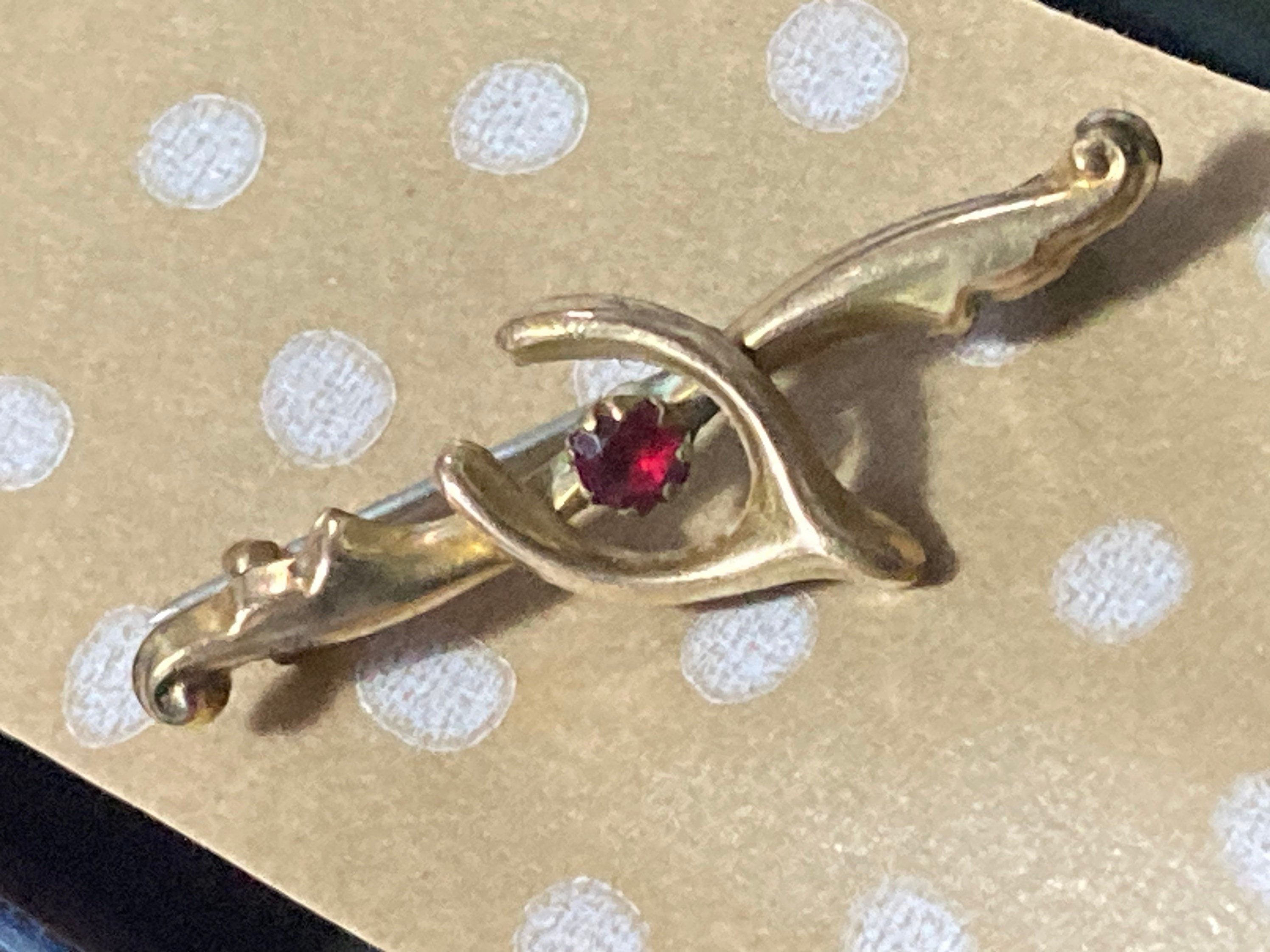 Antique Rolled Ruby red paste gold lucky wishbone Brooch Victorian