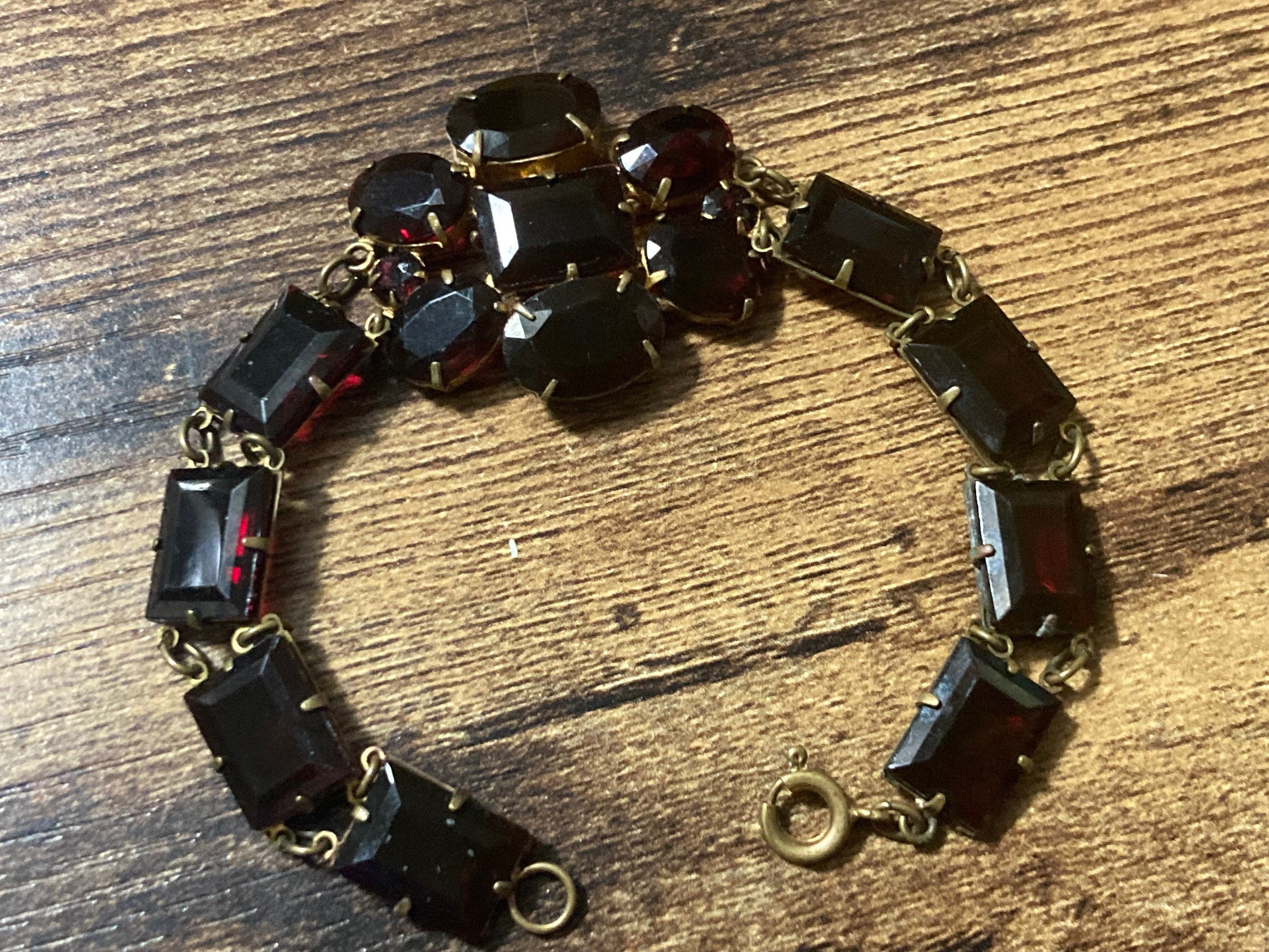 Vintage bohemian open back crystal faux red garnet rhinestone bracelet