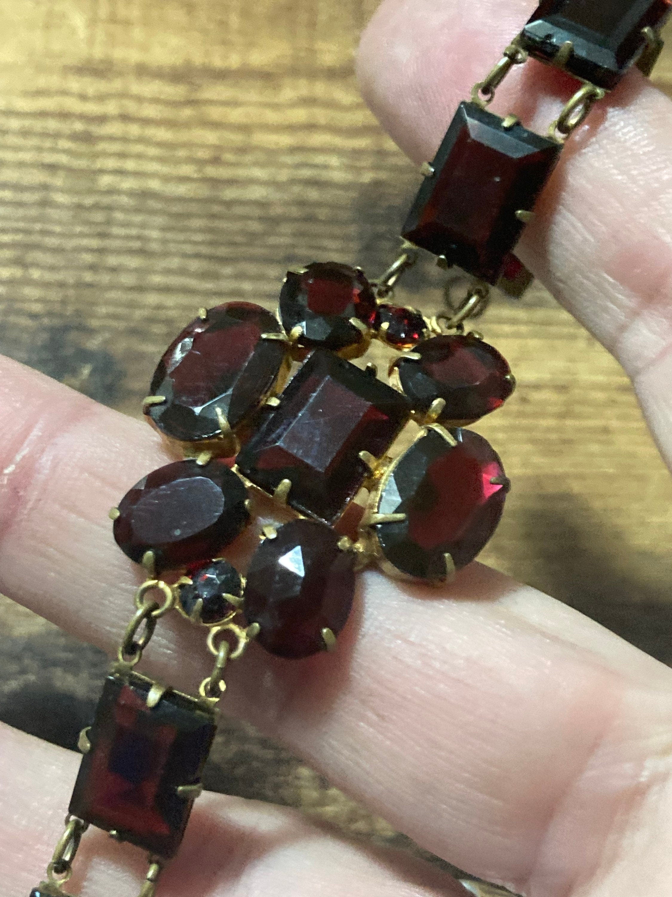 Vintage bohemian open back crystal faux red garnet rhinestone bracelet