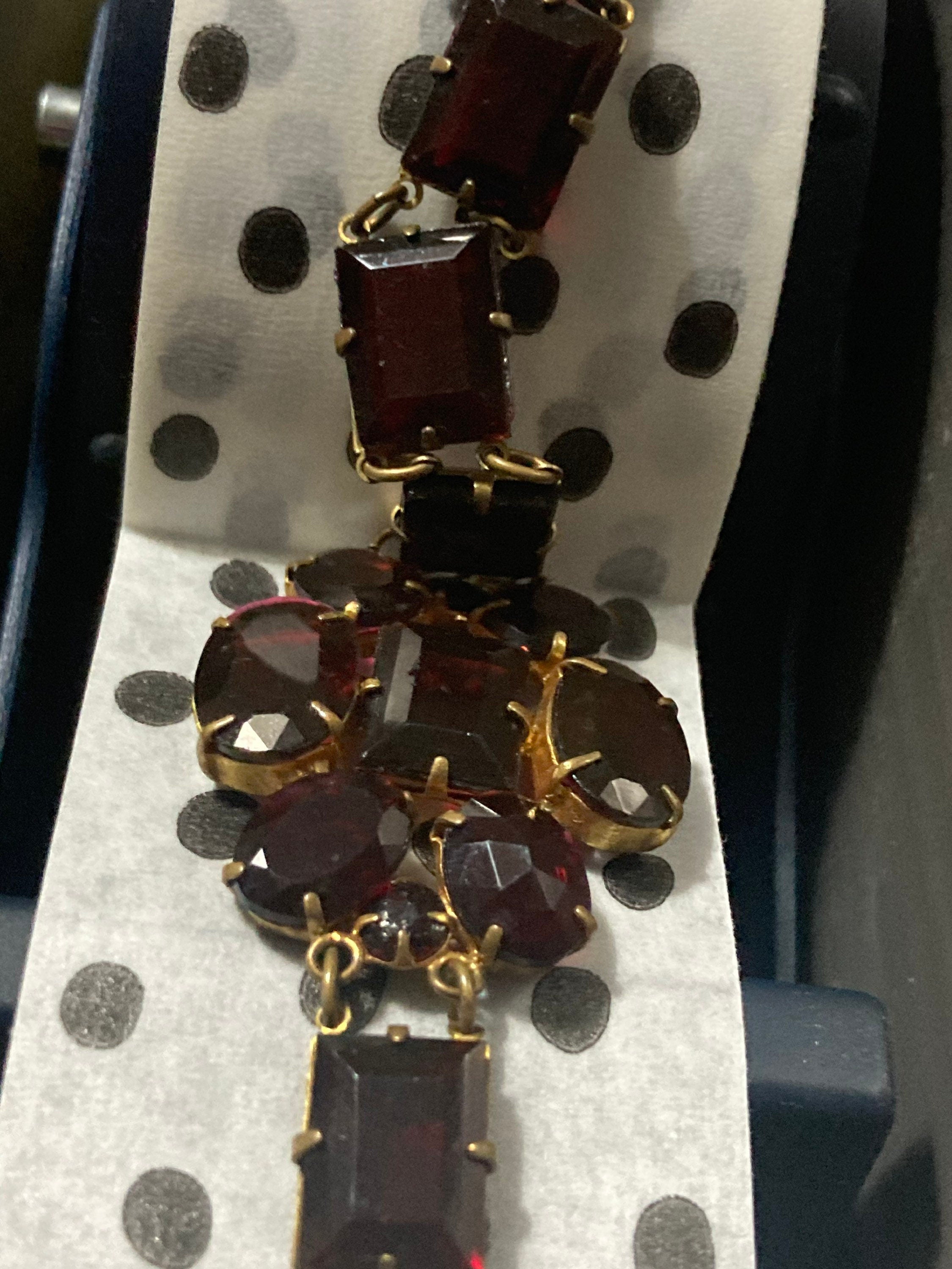 Vintage bohemian open back crystal faux red garnet rhinestone bracelet