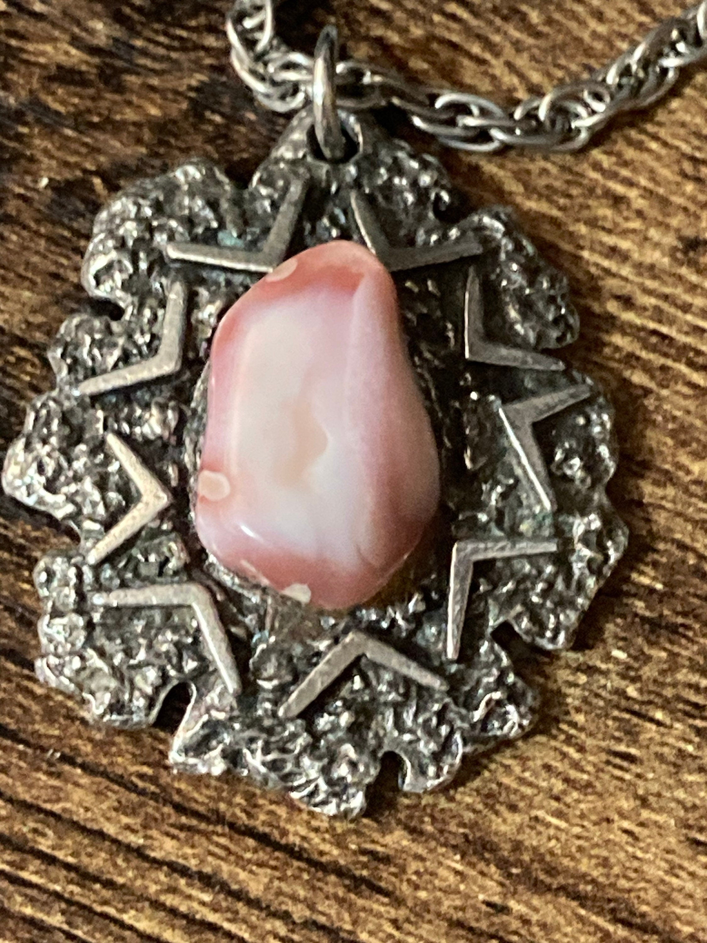 Vintage 1970s brutalist steel pendant pink stone on silver tone chain