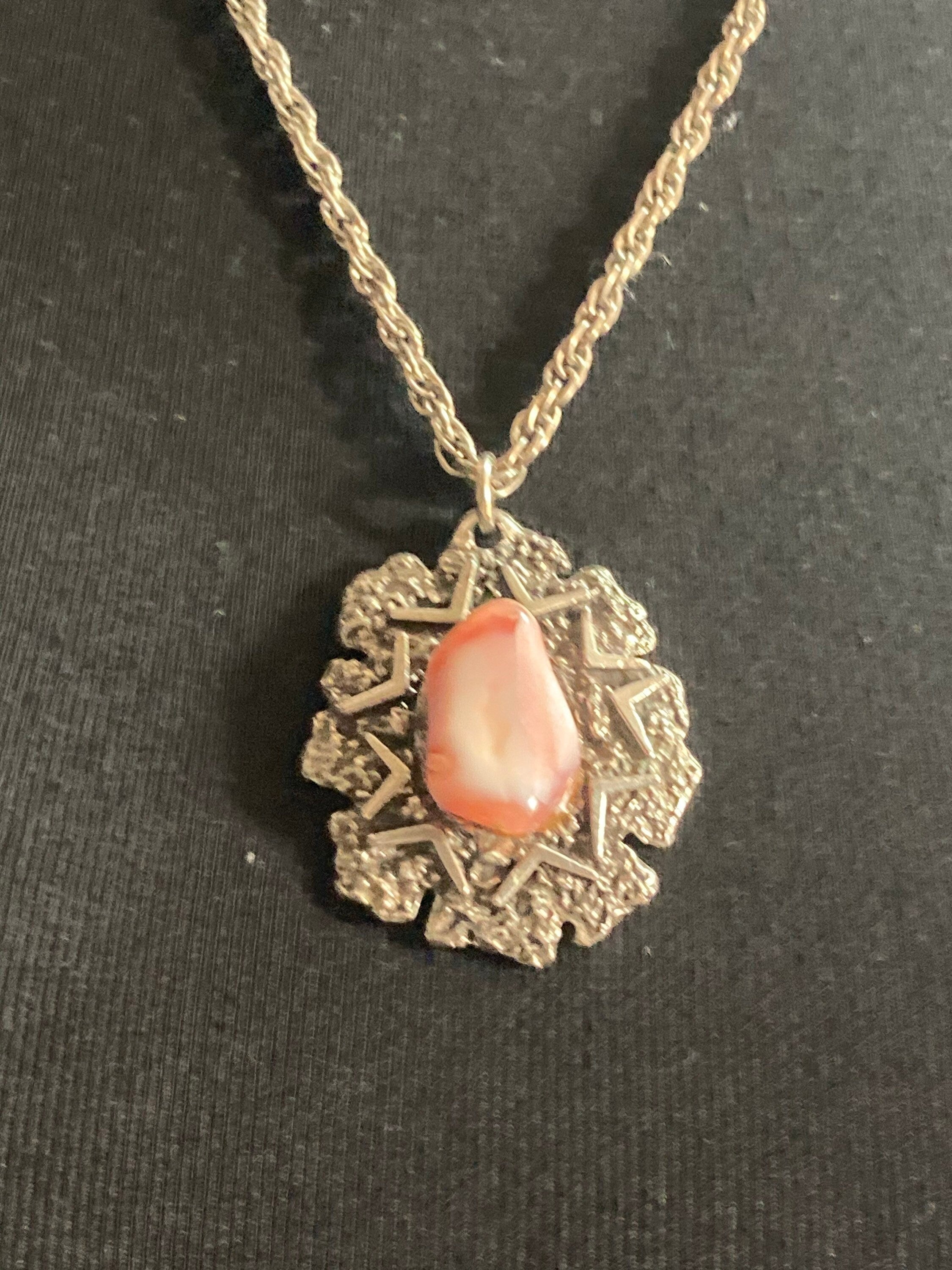 Vintage 1970s brutalist steel pendant pink stone on silver tone chain