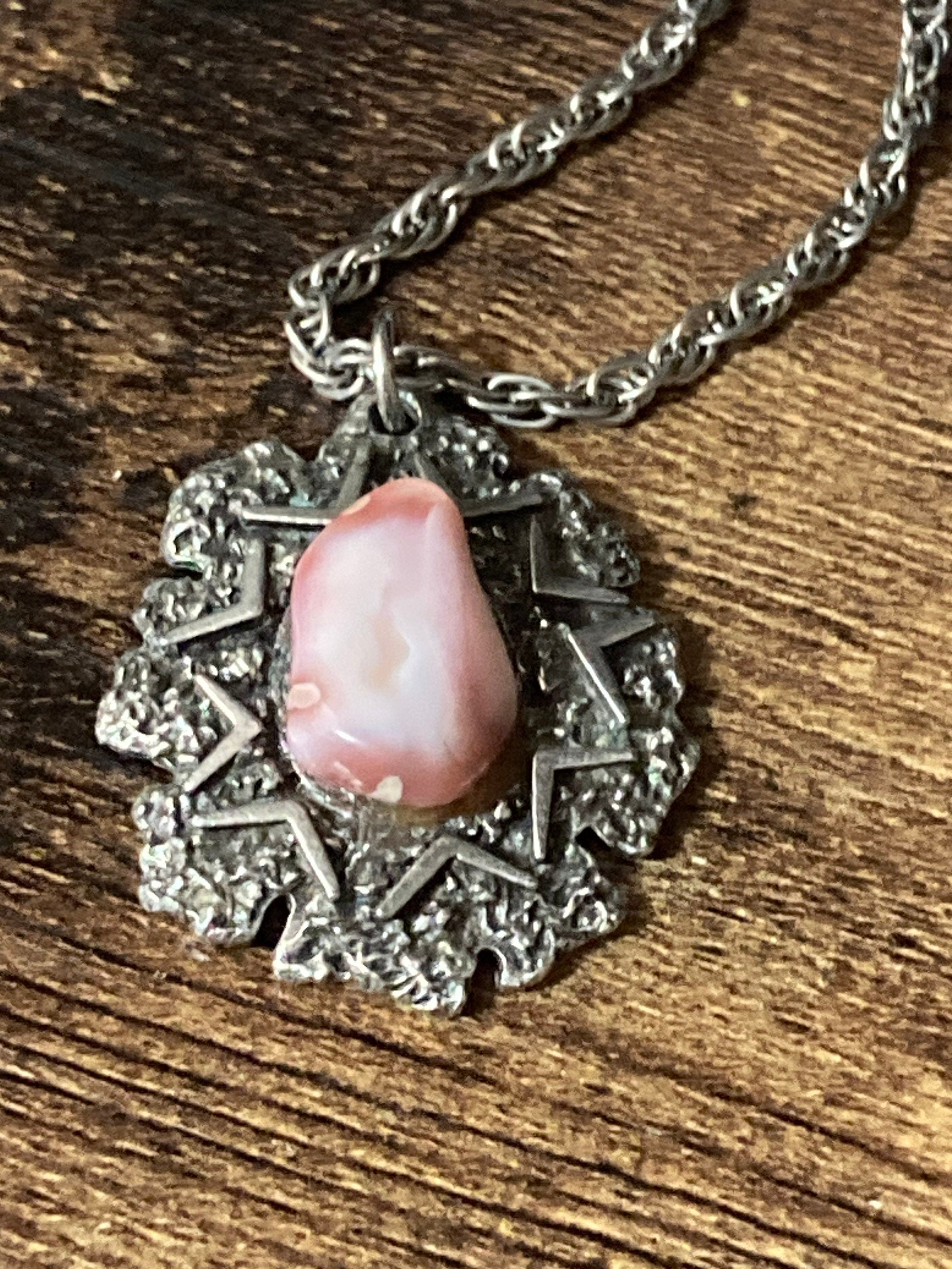 Vintage 1970s brutalist steel pendant pink stone on silver tone chain
