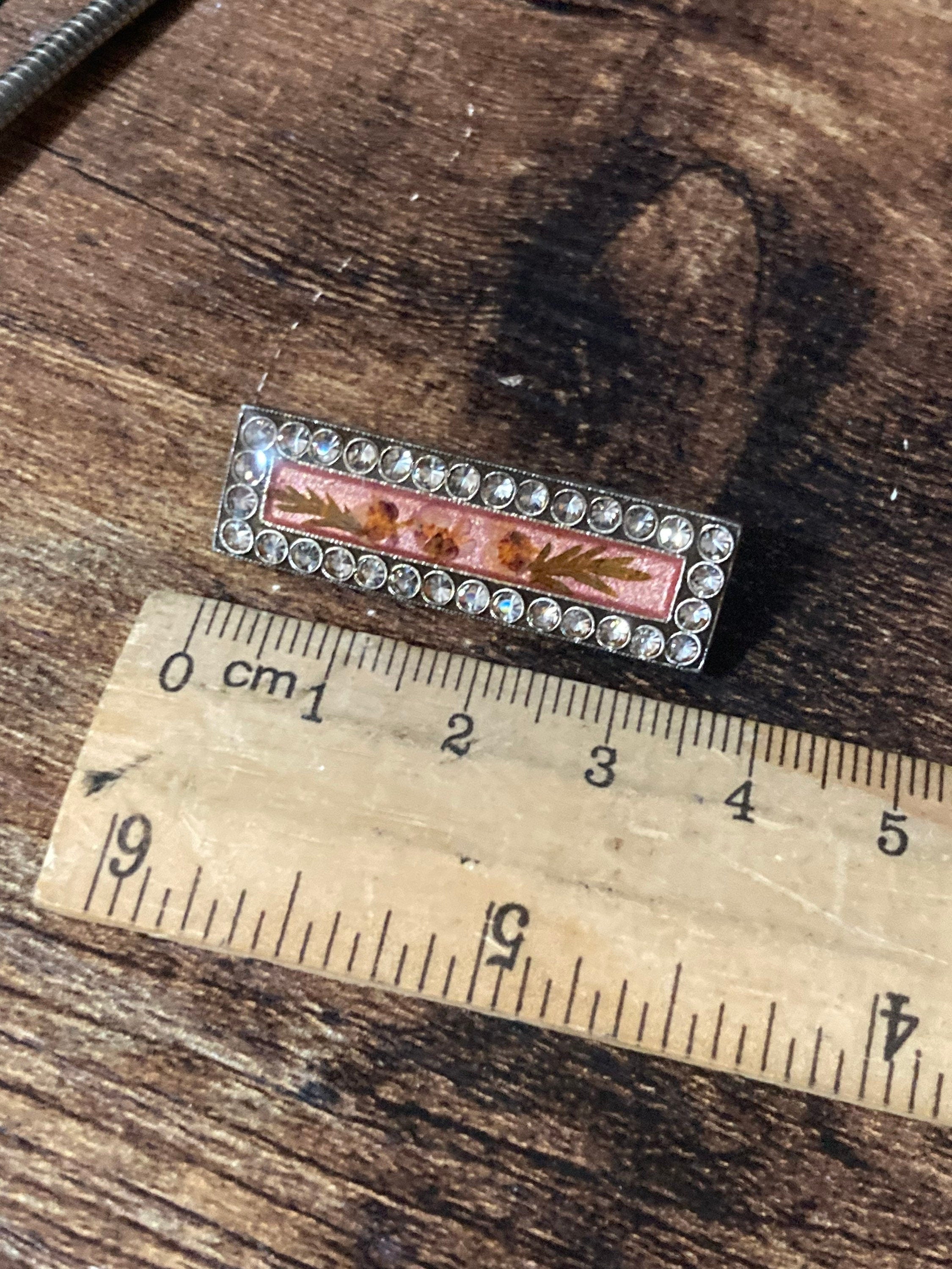 Vintage Pierre Bex style small bar brooch set with dried flowers