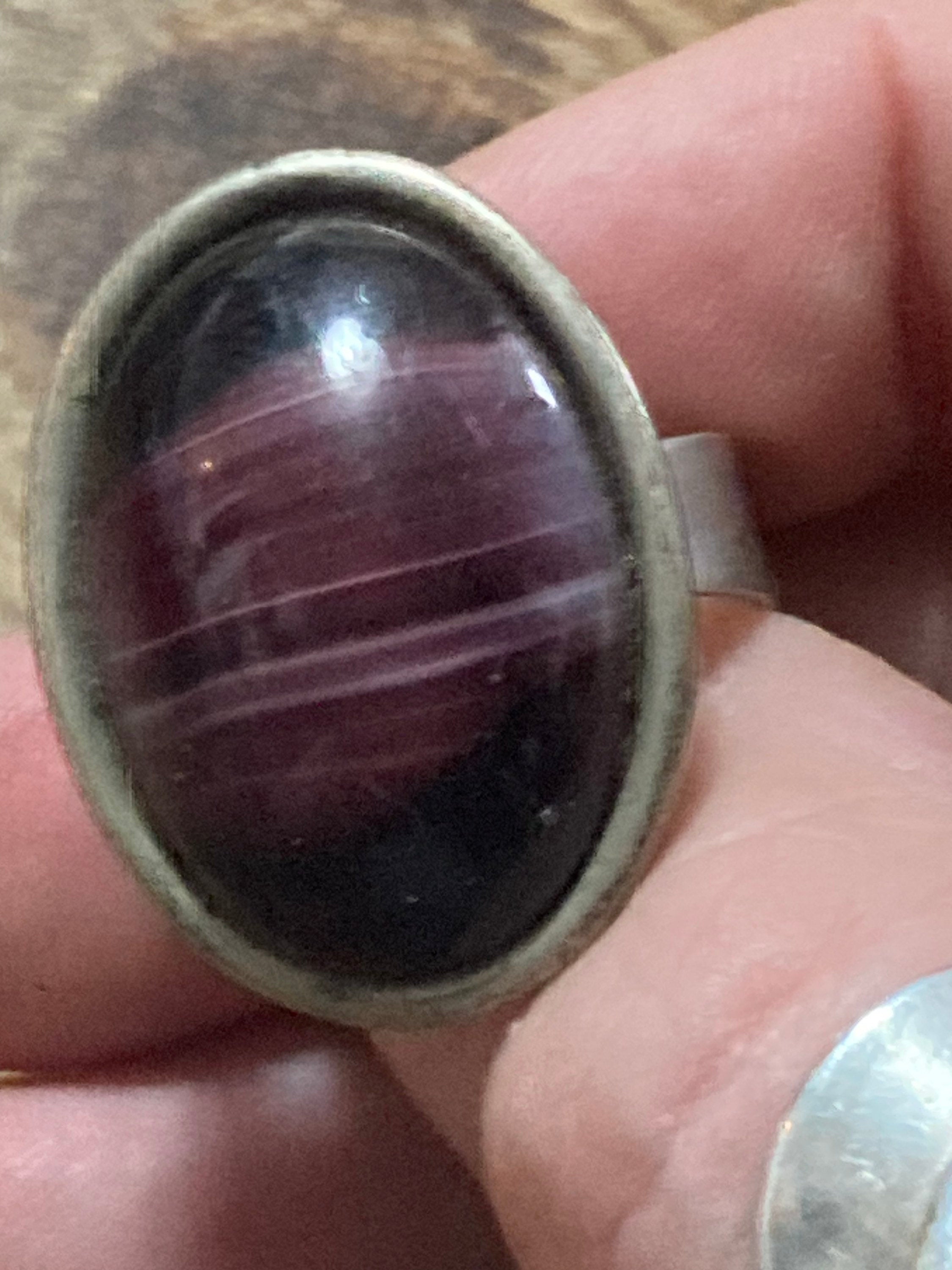 1970s vintage steel silver tone adjustable ring with central purple faux banded agate oval cabochon