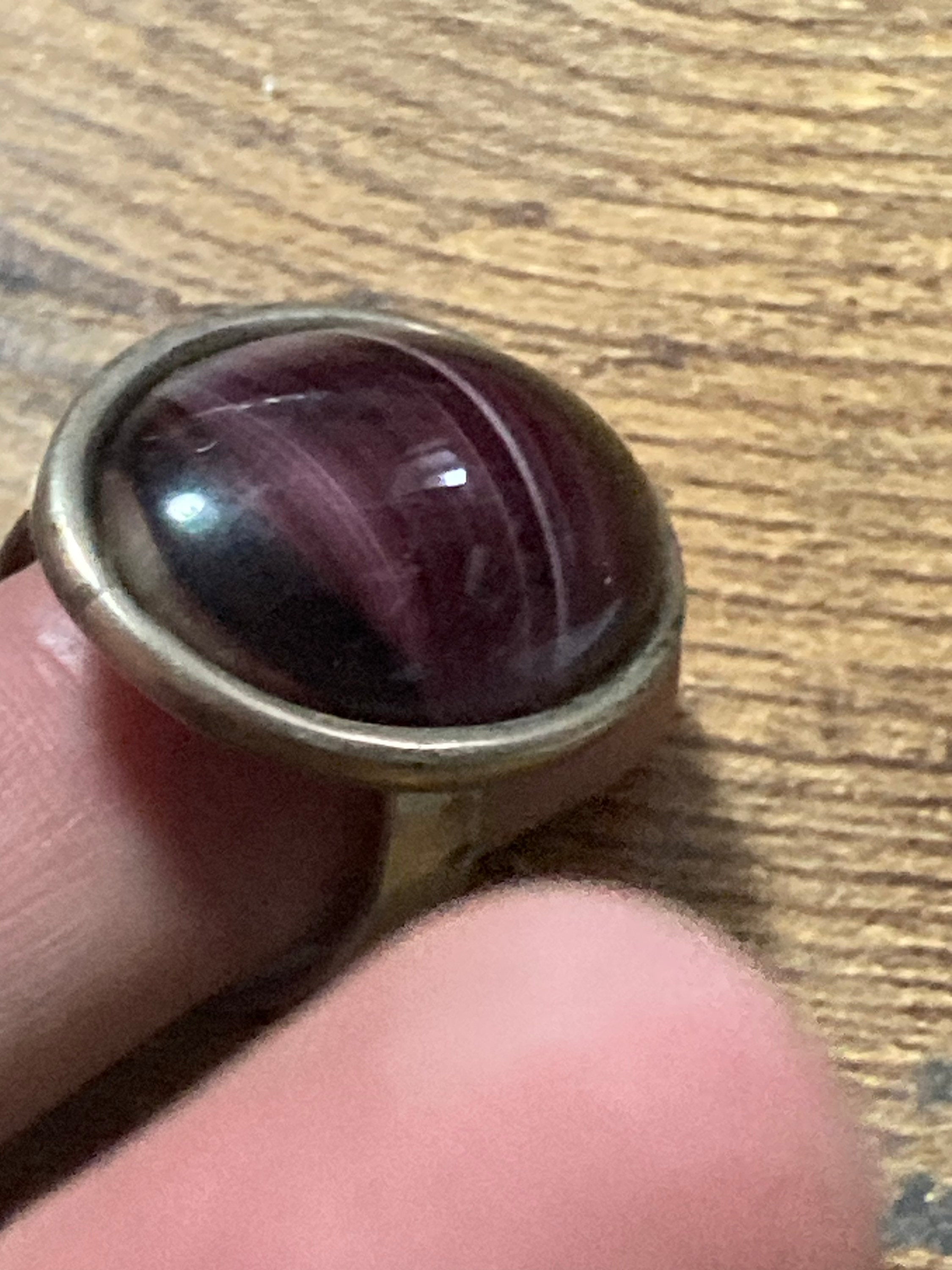 1970s vintage steel silver tone adjustable ring with central purple faux banded agate oval cabochon