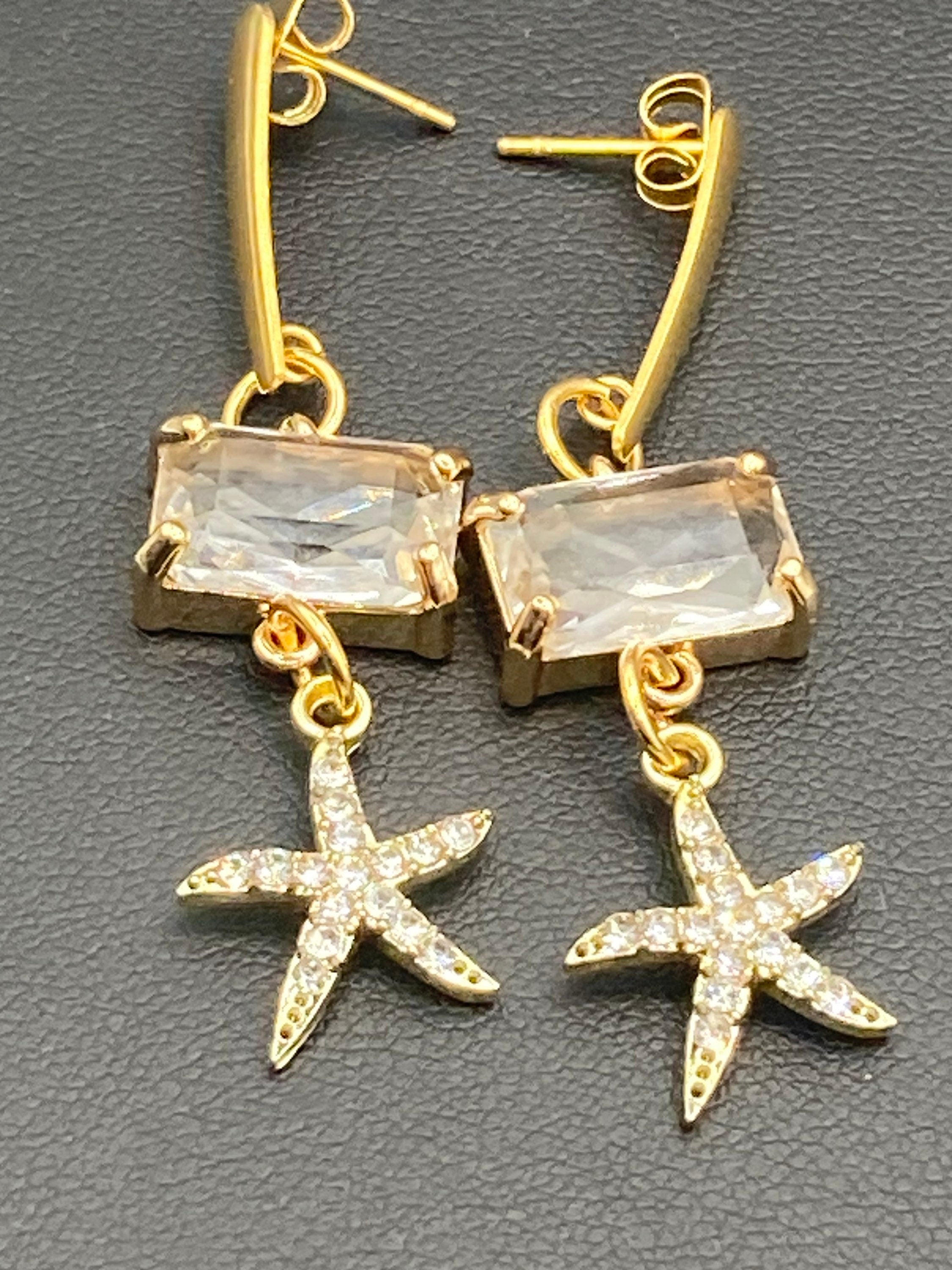 18k Gold plated crystal diamanté starfish earrings nautical jewellery