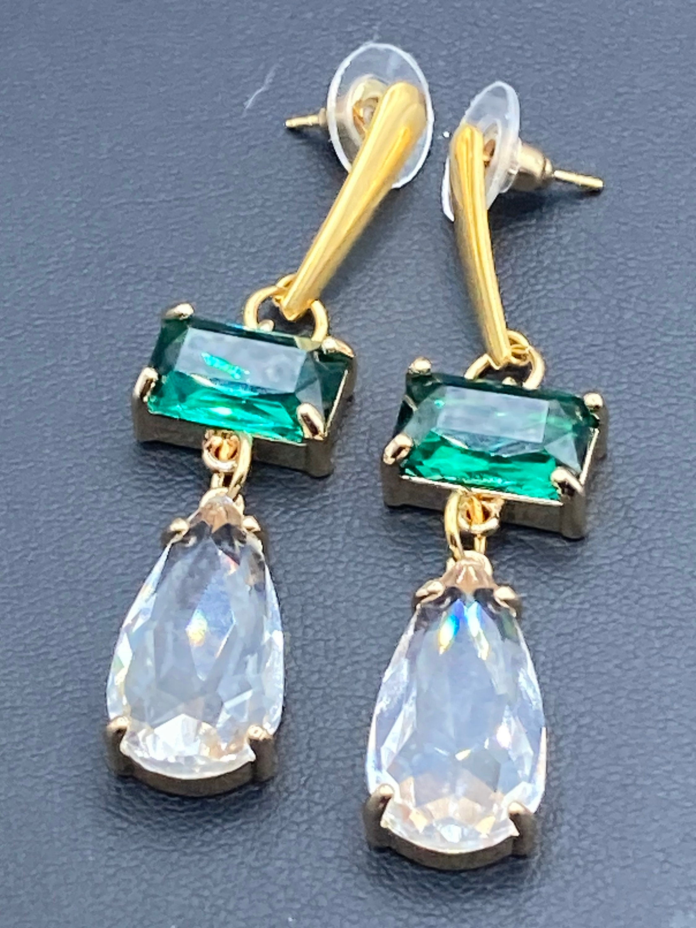 18k Gold plated crystal emerald green clear diamanté dangly earrings