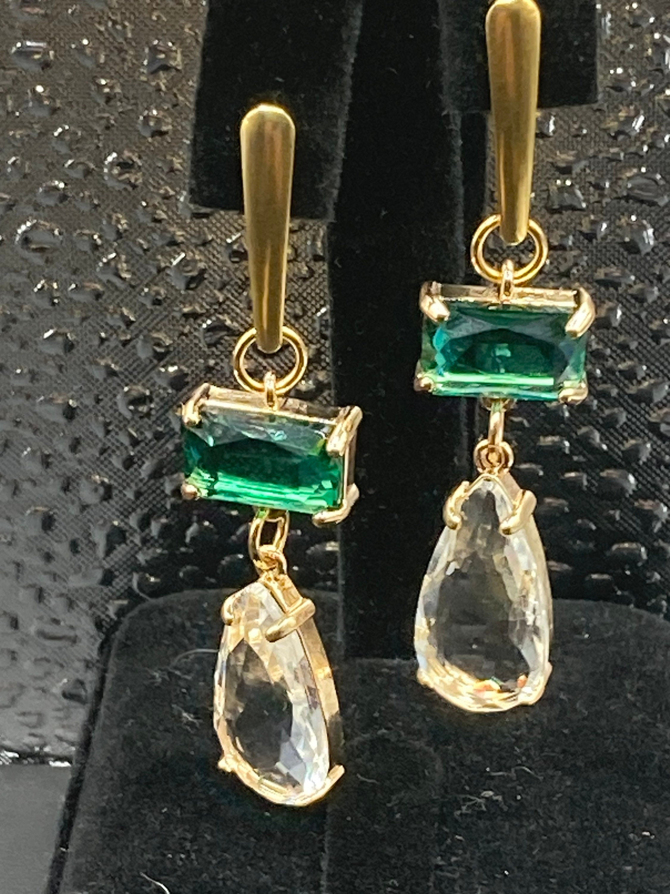 18k Gold plated crystal emerald green clear diamanté dangly earrings