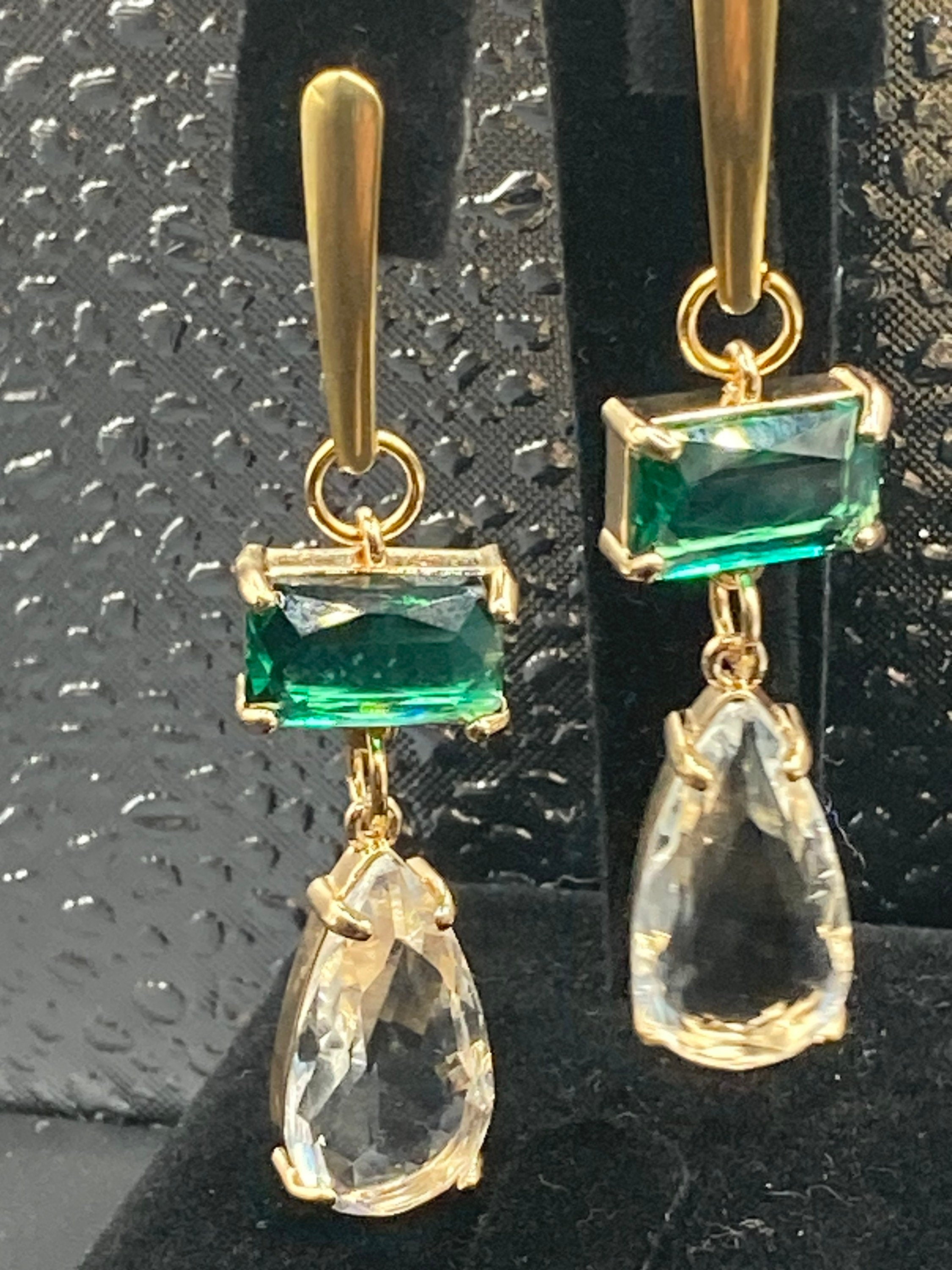 18k Gold plated crystal emerald green clear diamanté dangly earrings