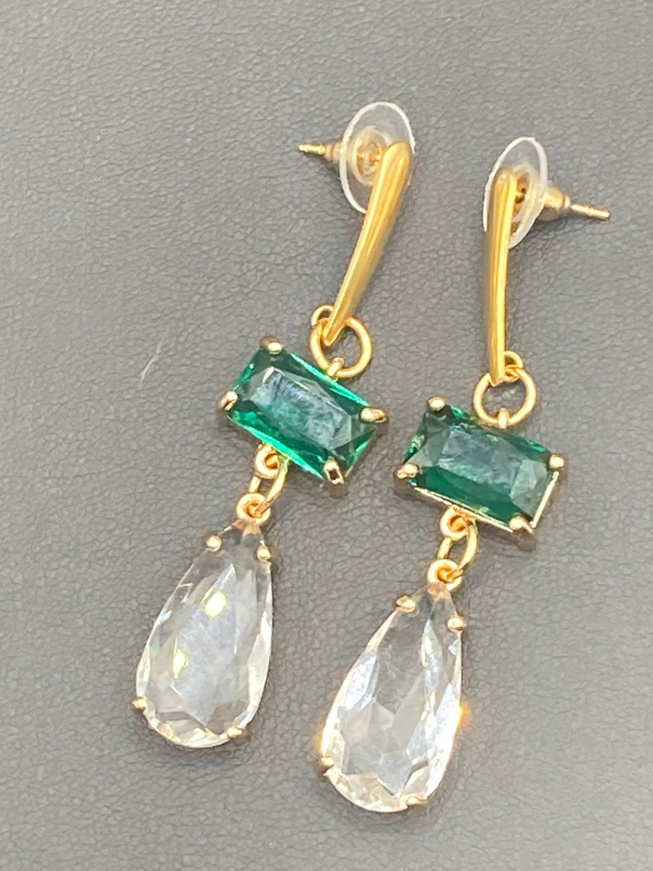 18k Gold plated crystal emerald green clear diamanté dangly earrings