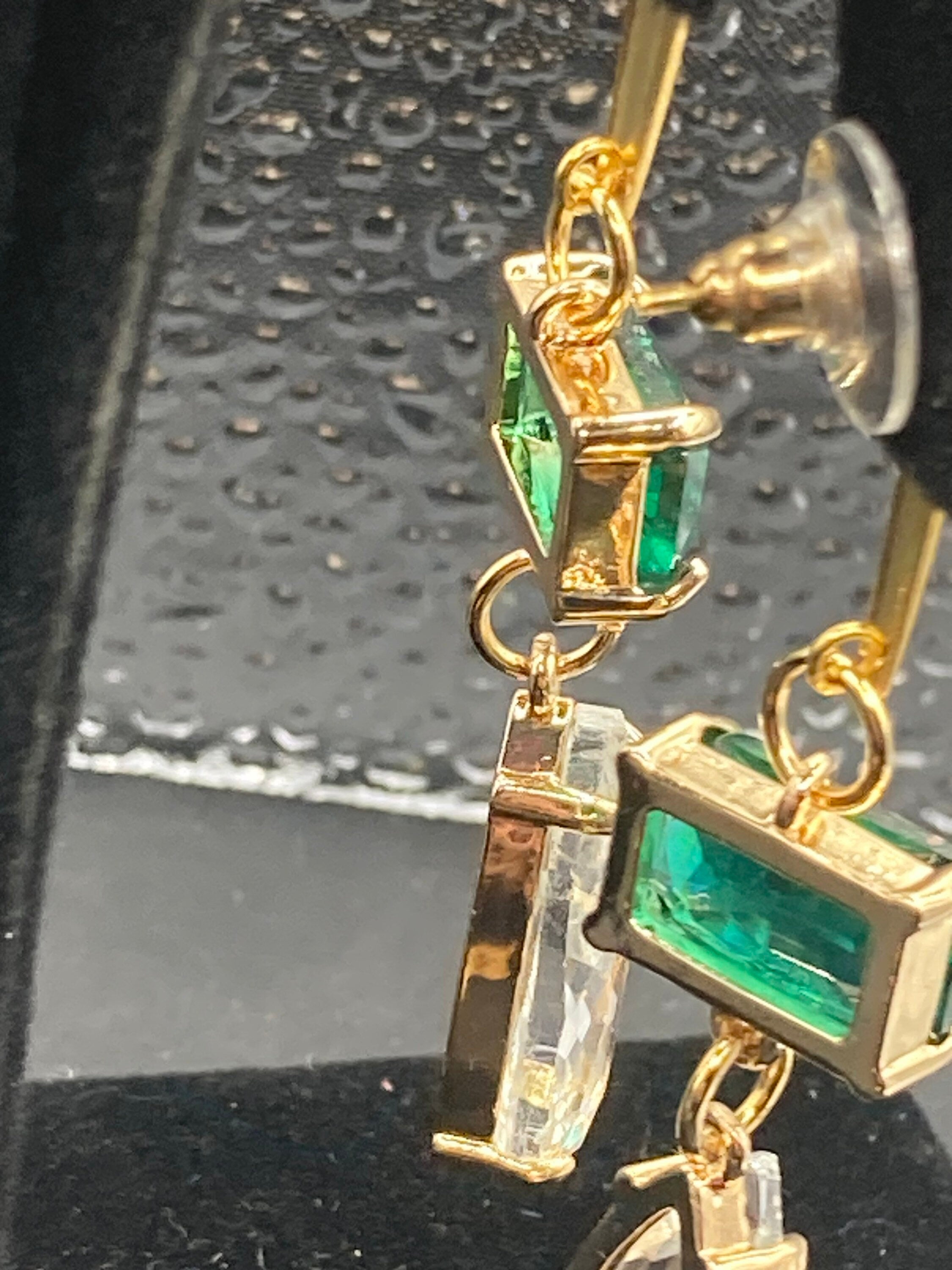 18k Gold plated crystal emerald green clear diamanté dangly earrings