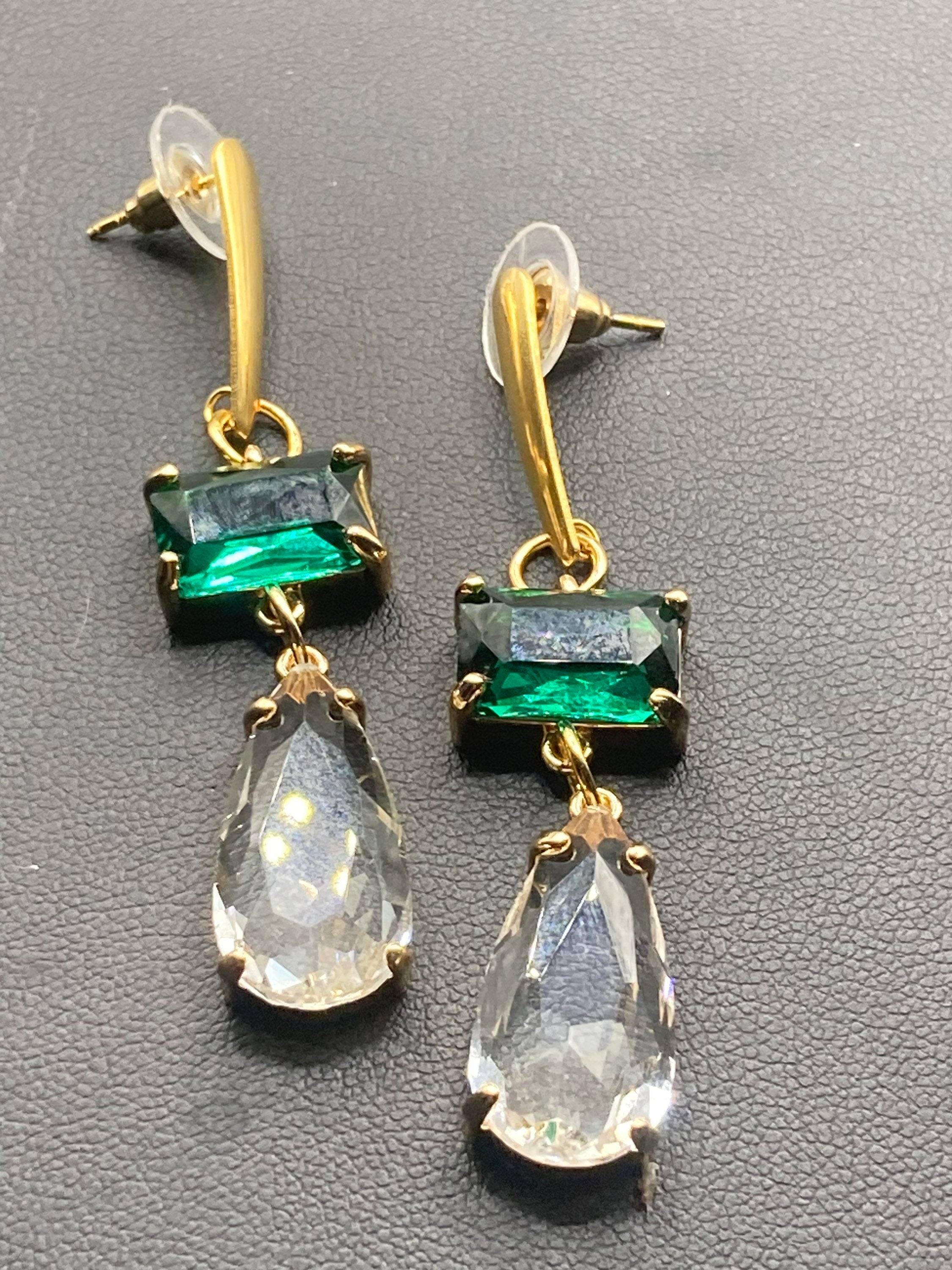 18k Gold plated crystal emerald green clear diamanté dangly earrings