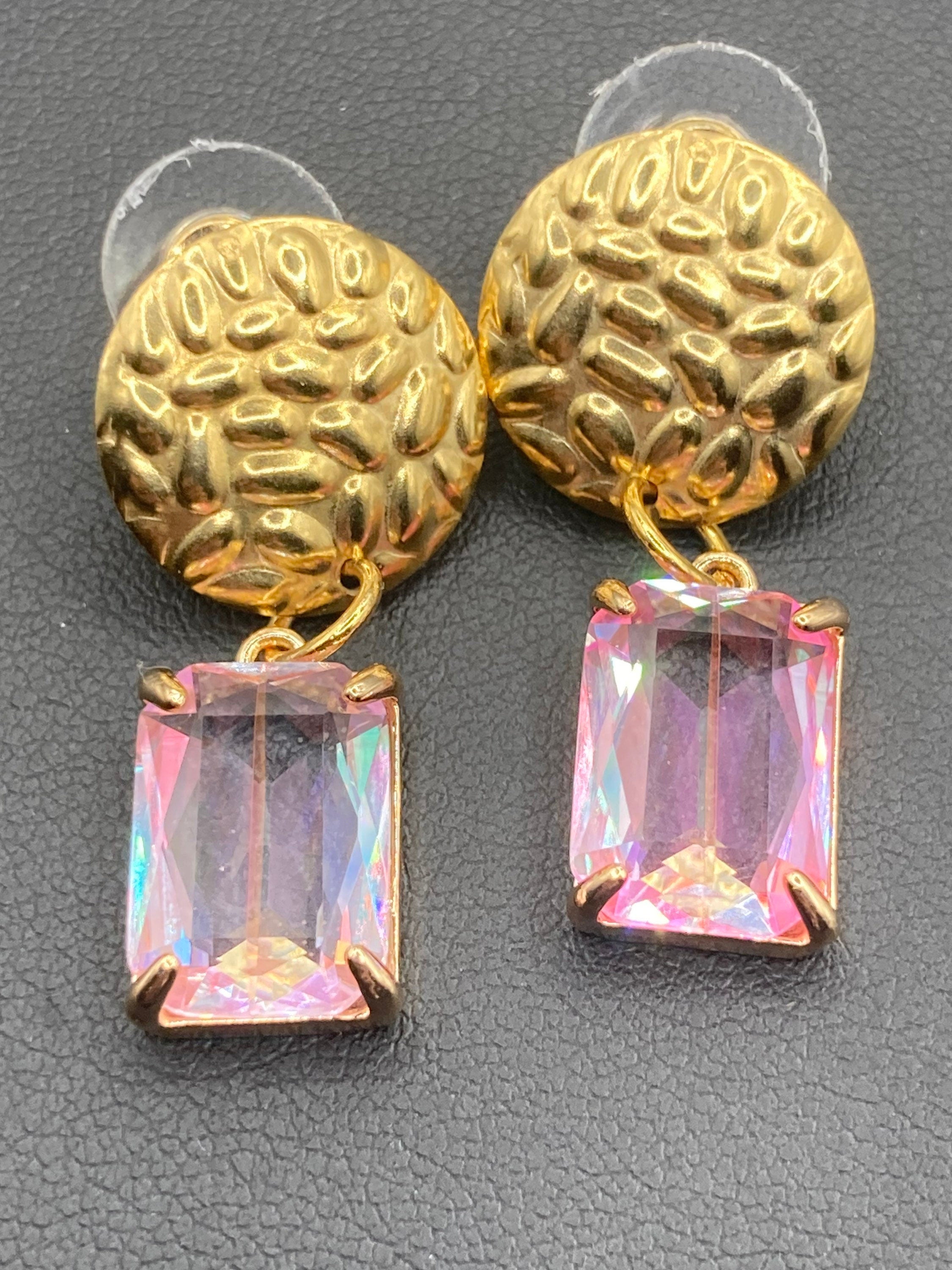 18k Gold plated crystal rainbow pink glass diamanté drop earrings