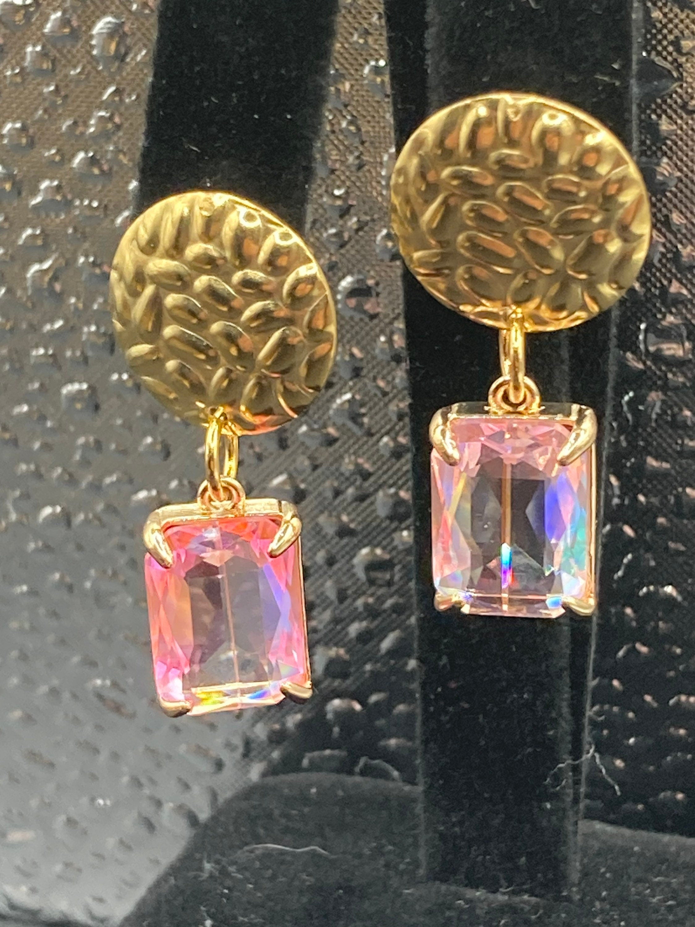 18k Gold plated crystal rainbow pink glass diamanté drop earrings