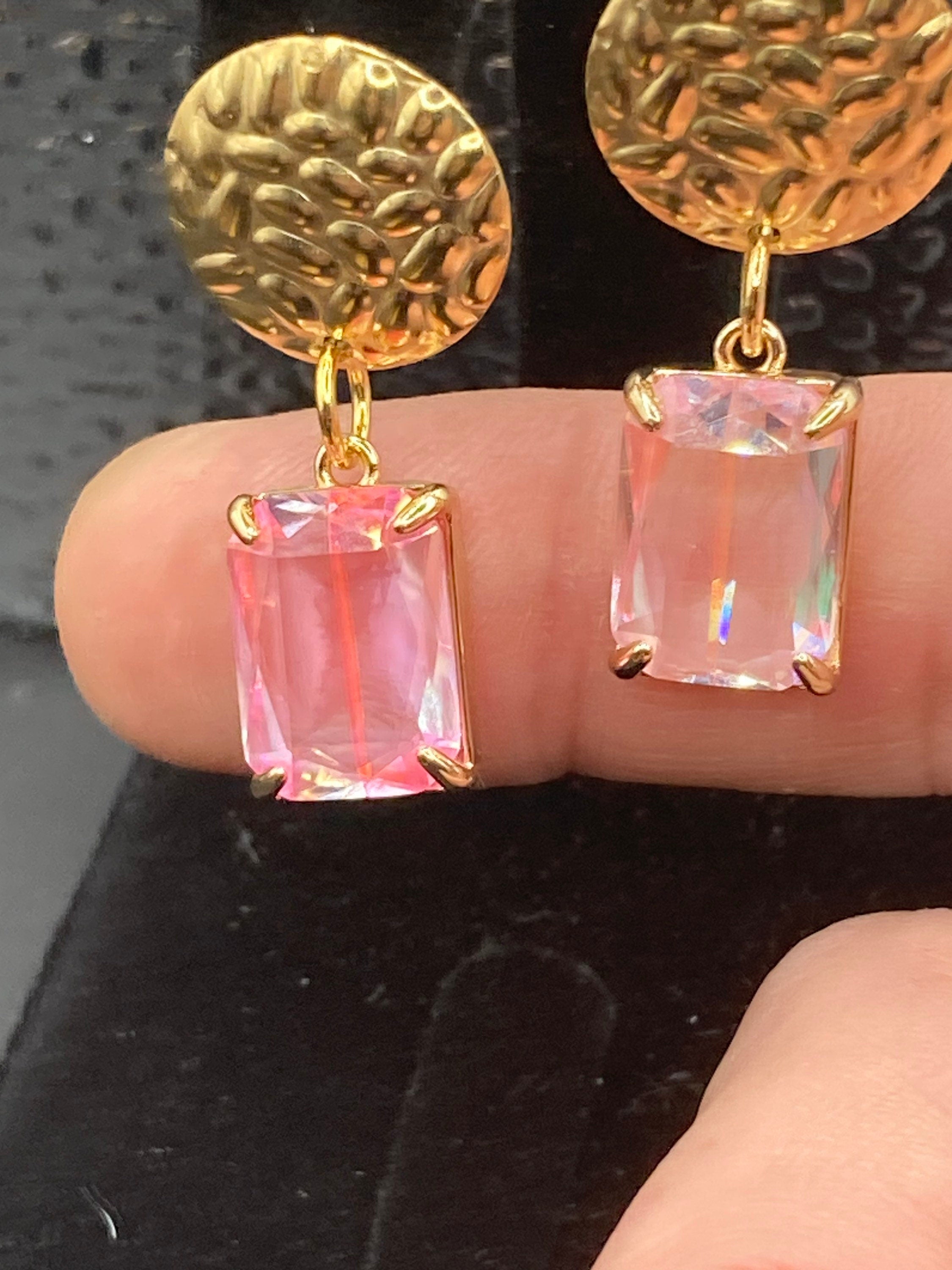 18k Gold plated crystal rainbow pink glass diamanté drop earrings