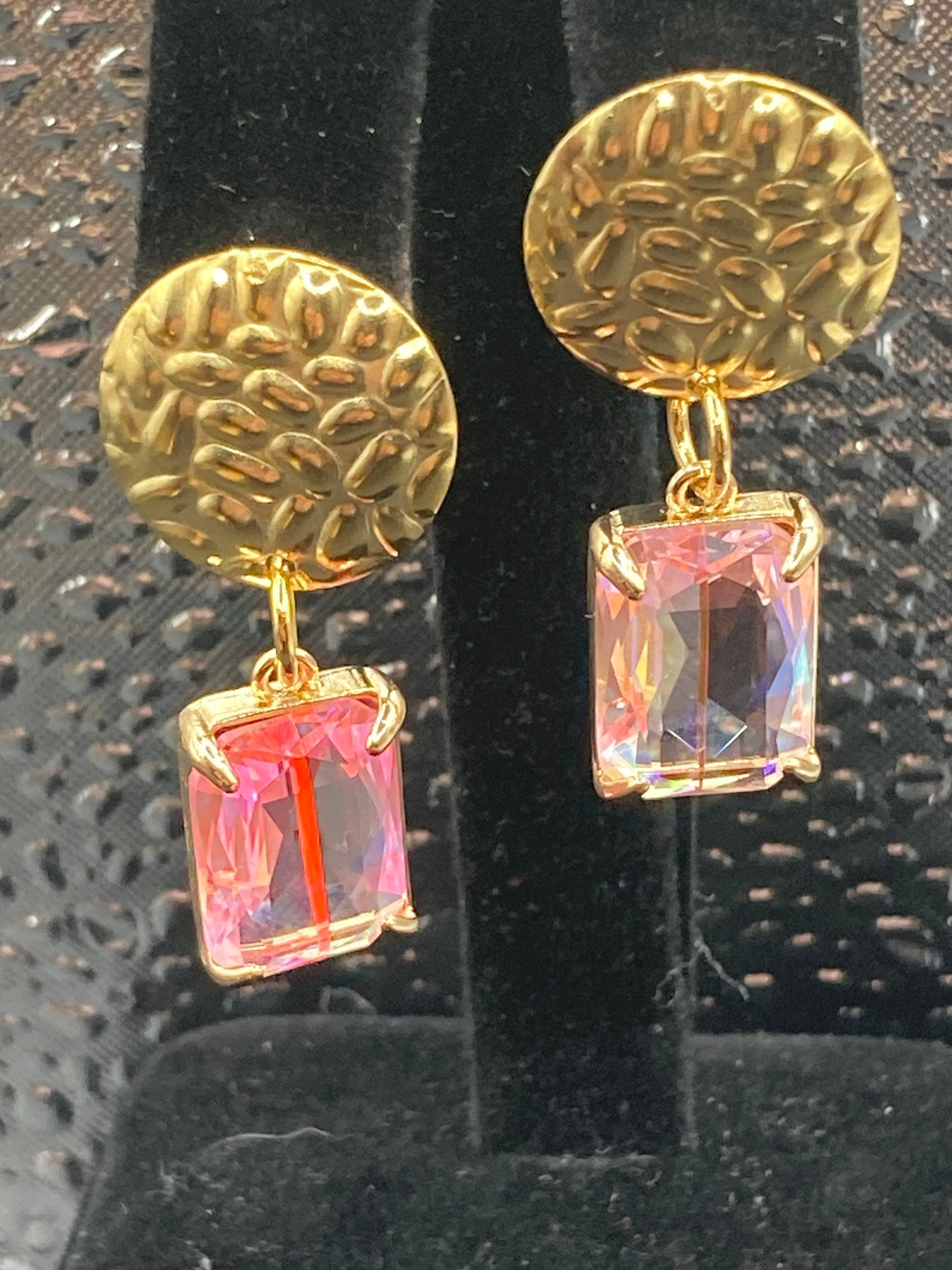 18k Gold plated crystal rainbow pink glass diamanté drop earrings