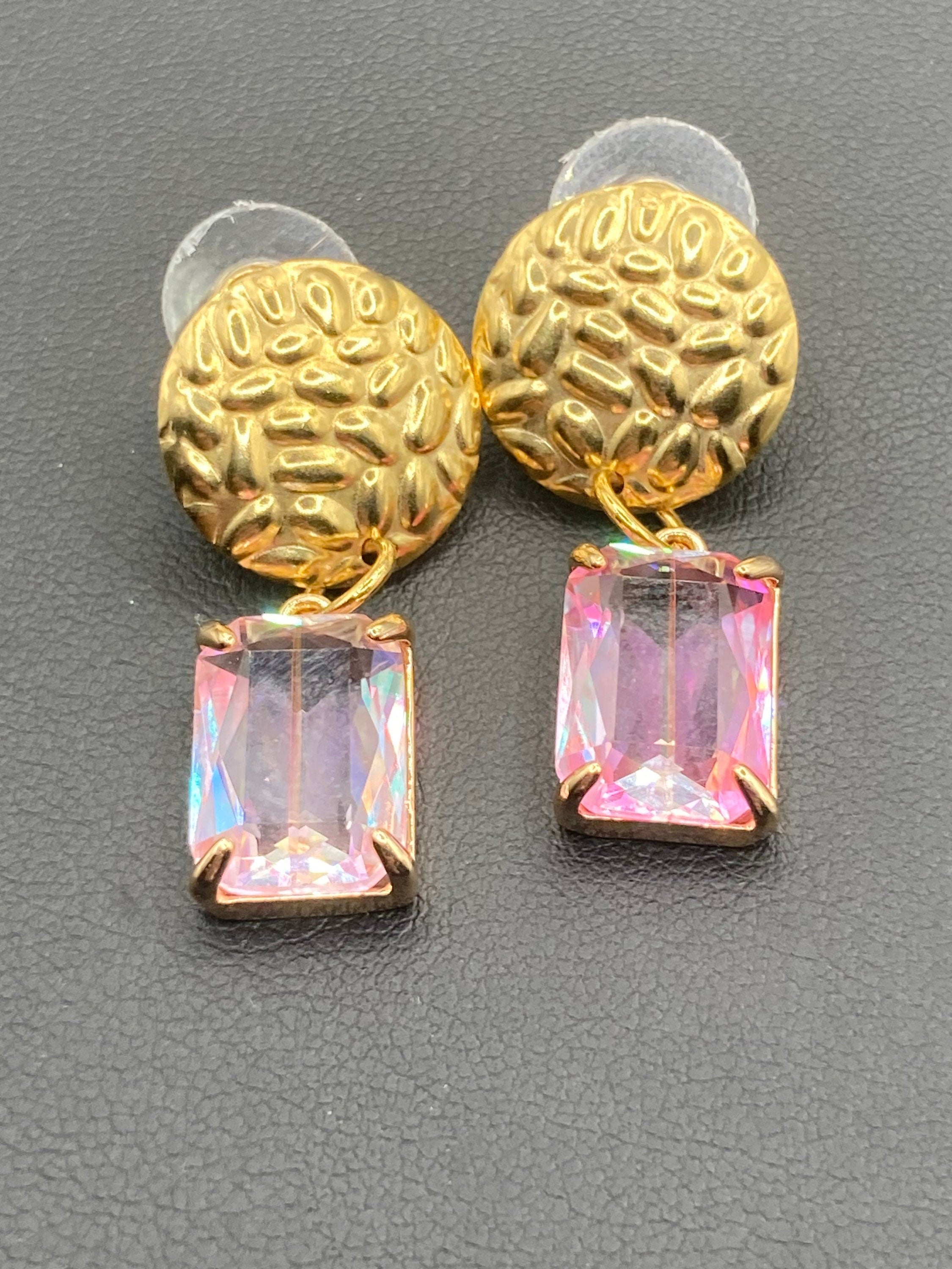 18k Gold plated crystal rainbow pink glass diamanté drop earrings
