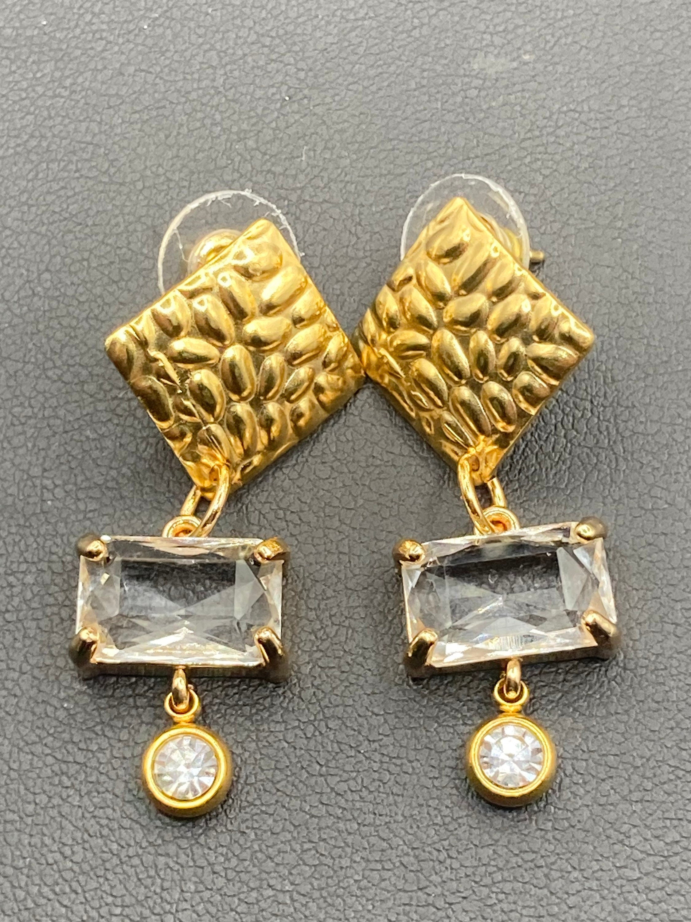 18k Gold plated crystal clear glass diamanté drop bezel earrings