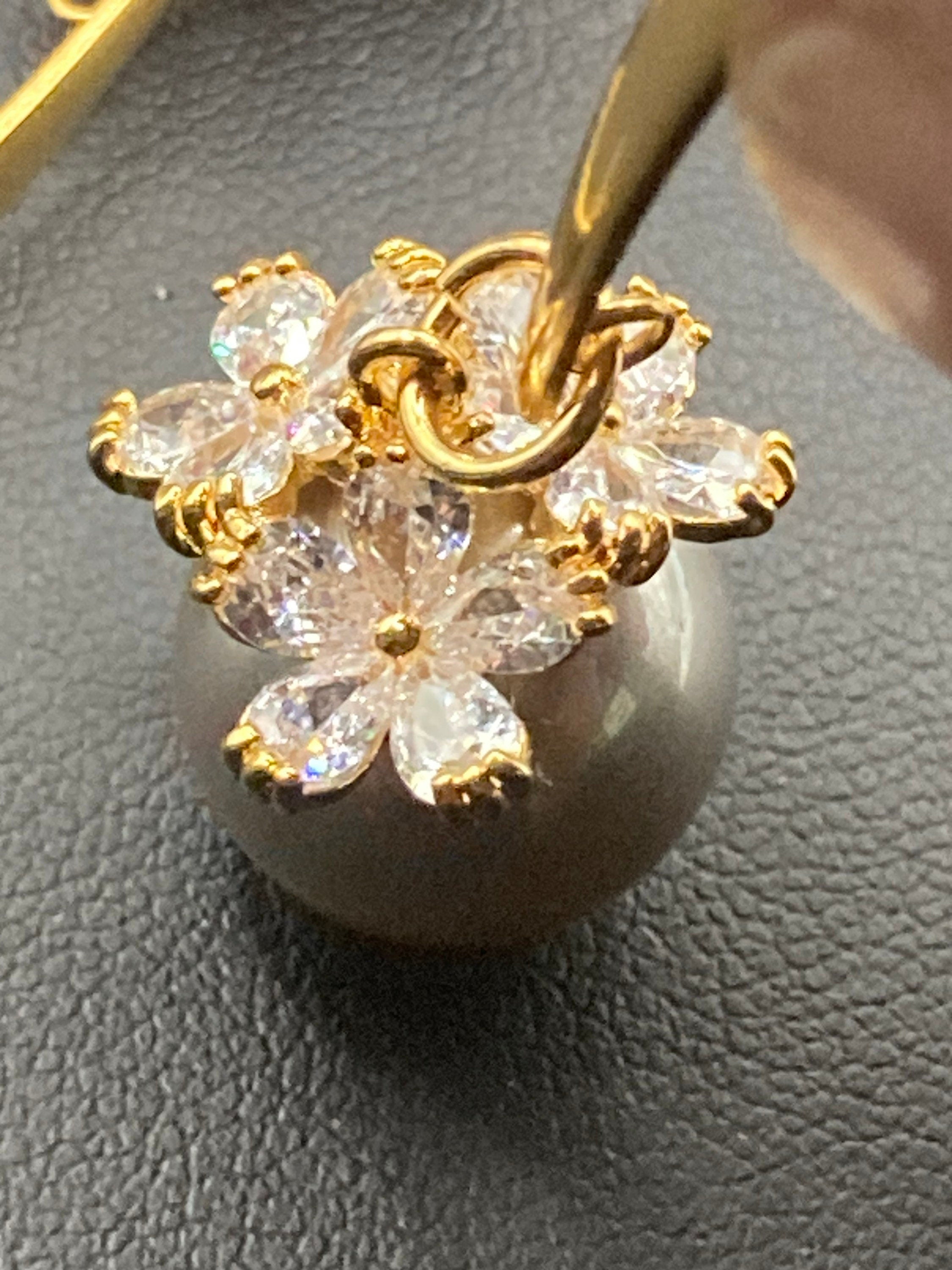 Gold tone grey faux pearl diamanté Crystal drop earrings for pierced ears