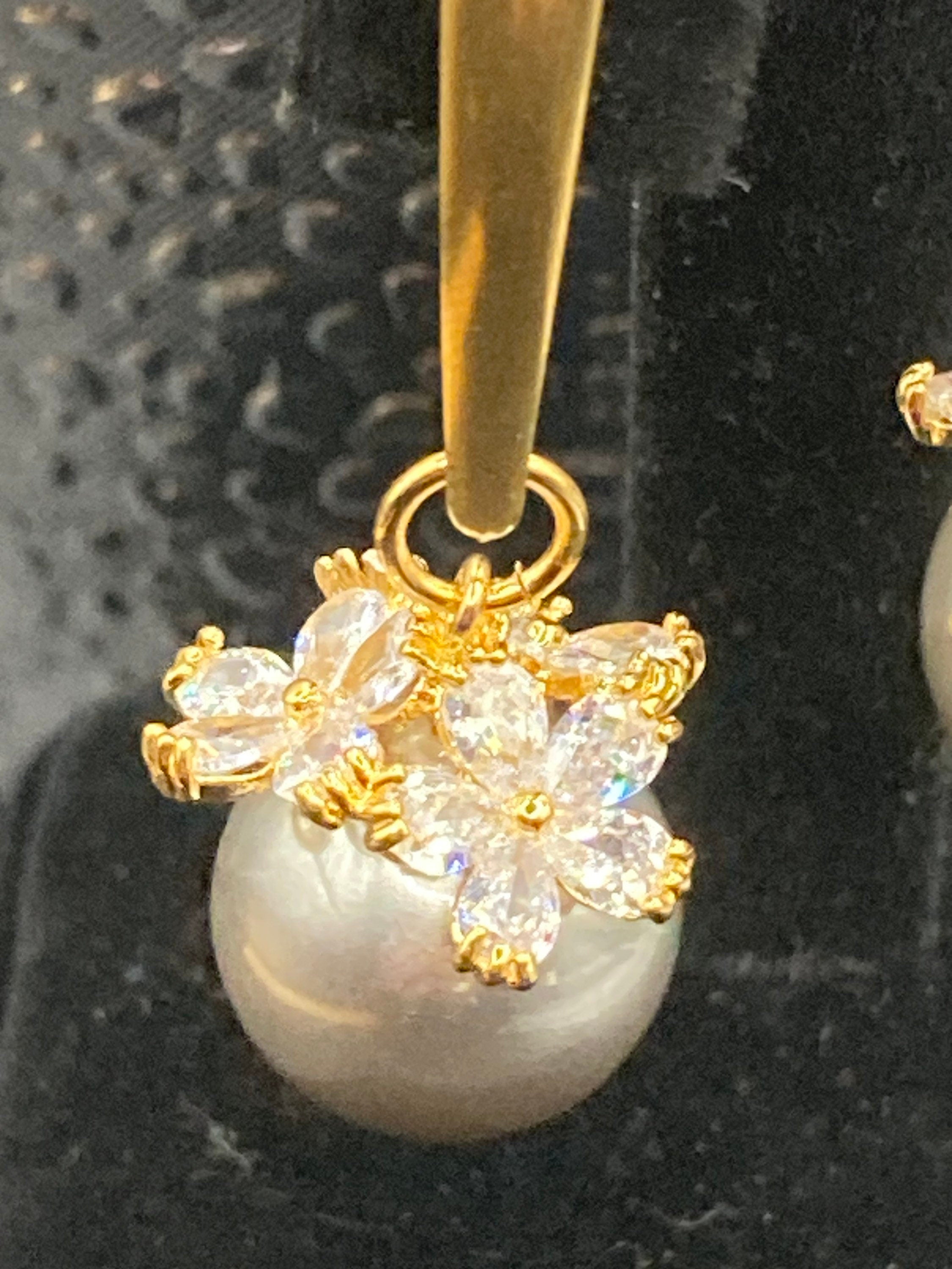 Gold tone grey faux pearl diamanté Crystal drop earrings for pierced ears