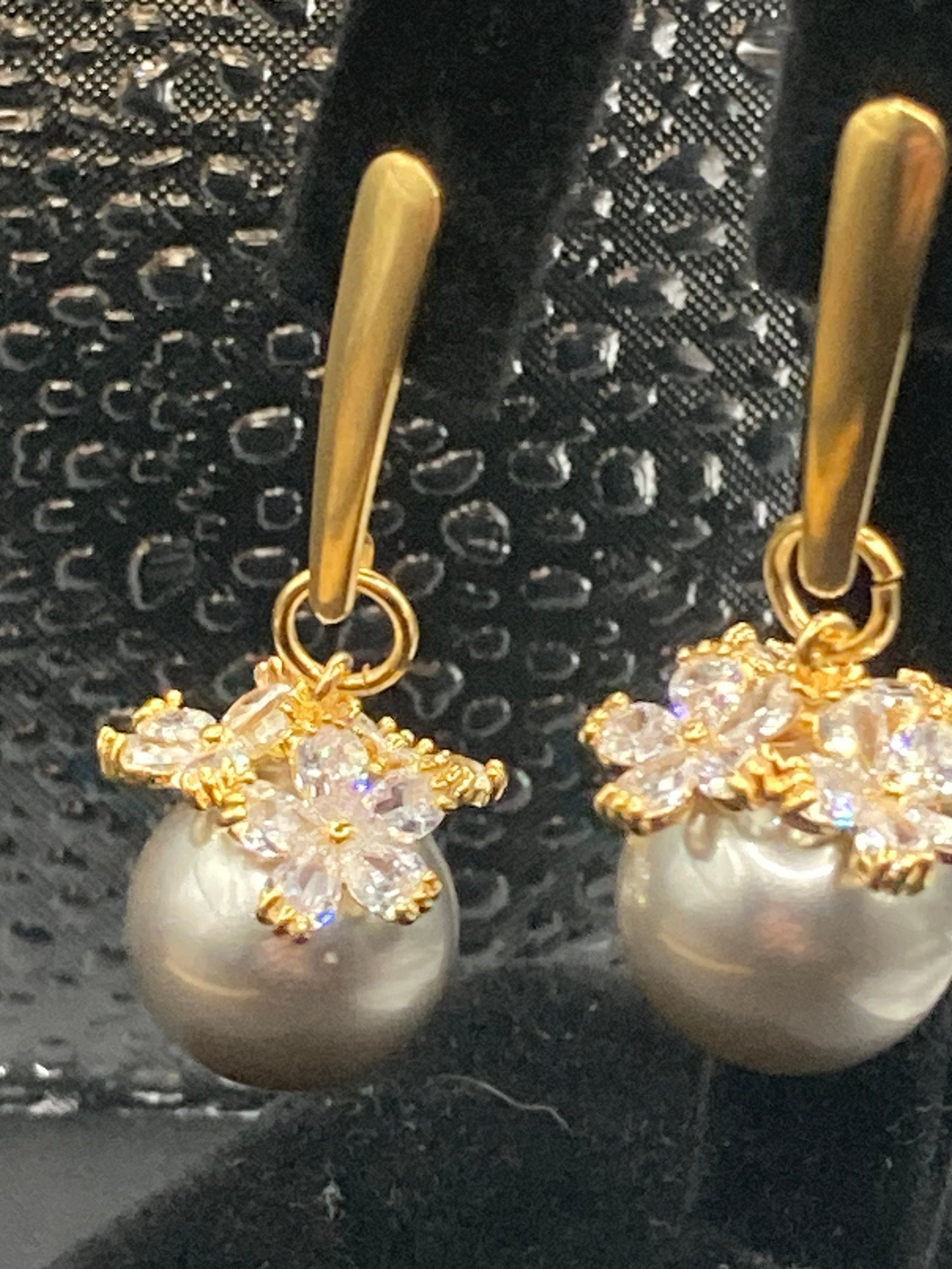 Gold tone grey faux pearl diamanté Crystal drop earrings for pierced ears