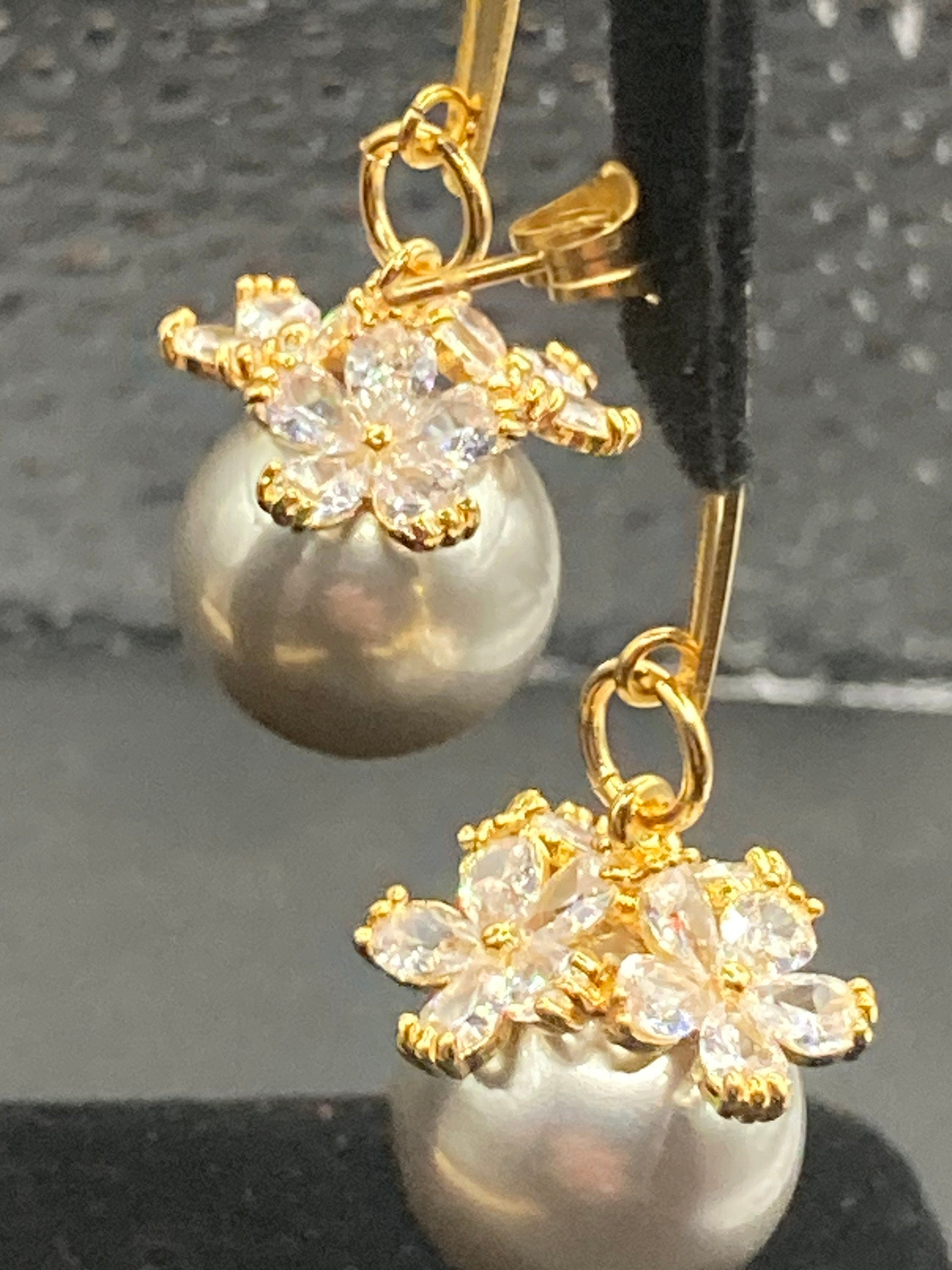 Gold tone grey faux pearl diamanté Crystal drop earrings for pierced ears