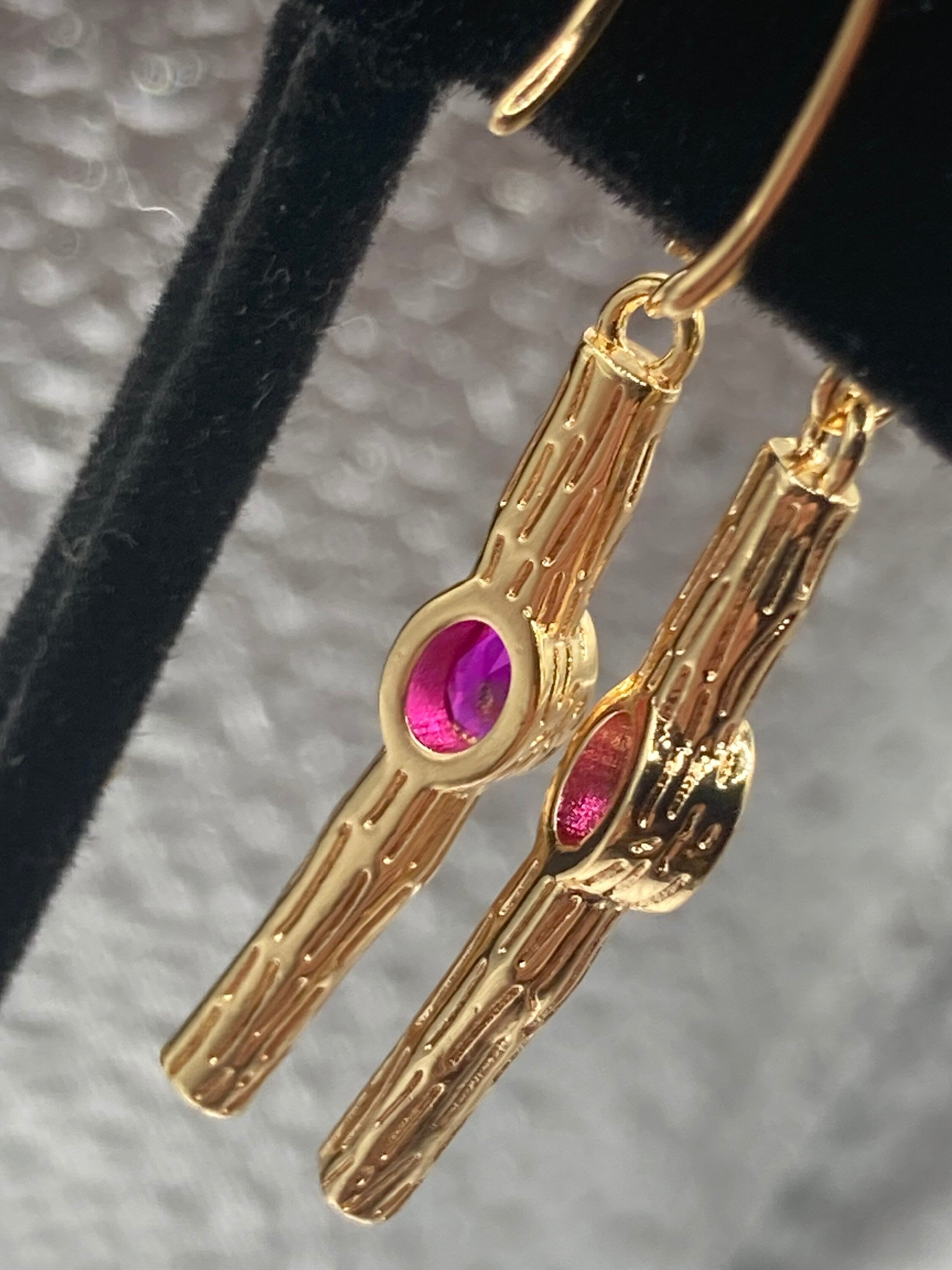 18k Gold plated modernist crystal pink glass diamanté rhinestone drop bezel earrings