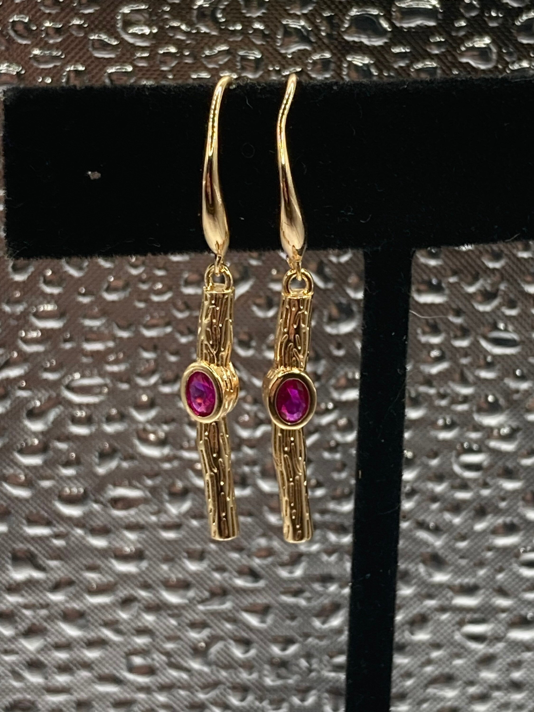 18k Gold plated modernist crystal pink glass diamanté rhinestone drop bezel earrings