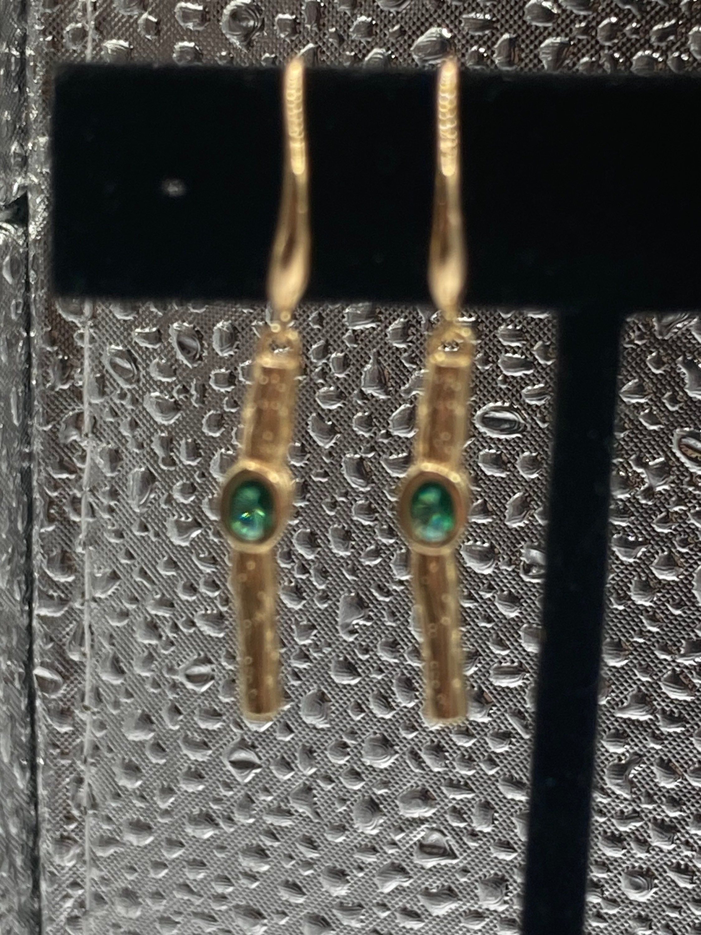 18k Gold plated modernist crystal emerald green glass diamanté drop bezel earrings